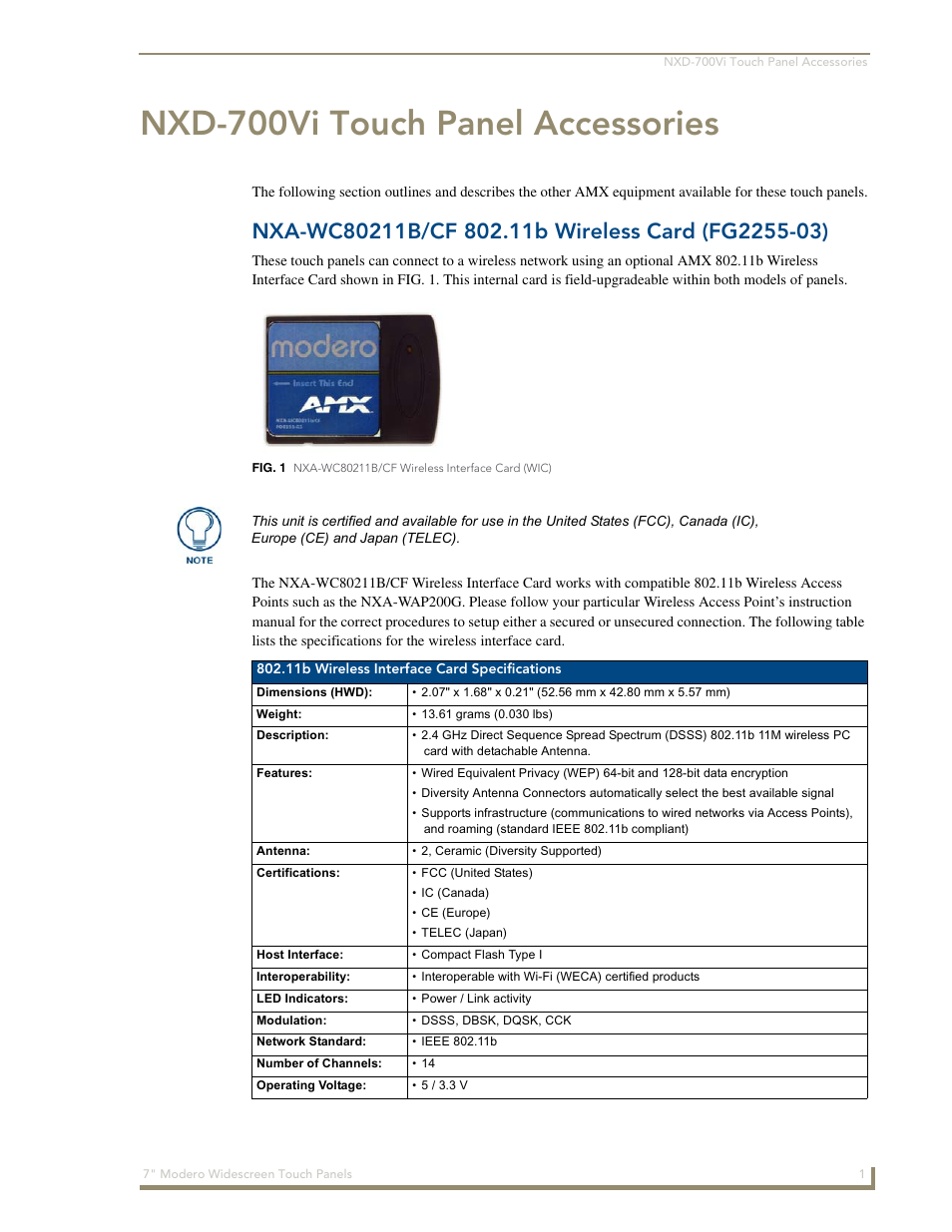 Nxd-700vi touch panel accessories, Nxa-wc80211b/cf 802.11b wireless card (fg2255-03) | AMX Modero NXD-700Vi User Manual | Page 23 / 234