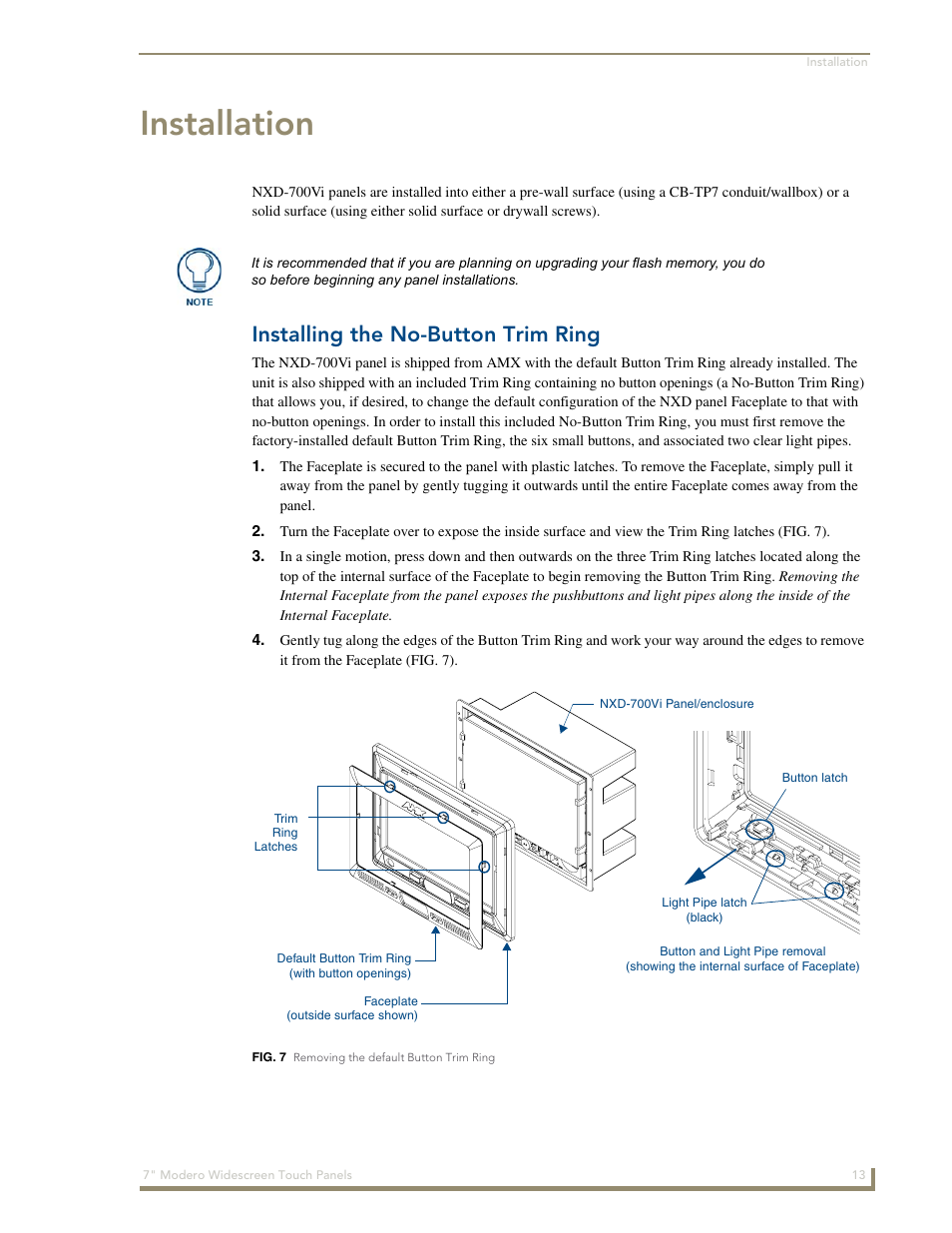 Installation, Installing the no-button trim ring | AMX Modero NXD-700Vi User Manual | Page 35 / 234