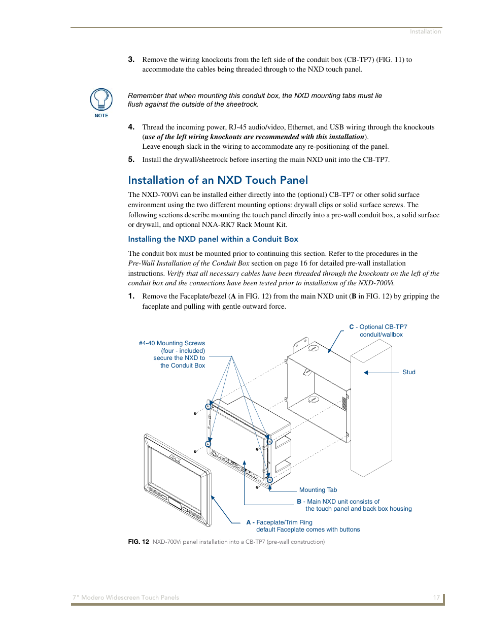 Installation of an nxd touch panel, Installing the nxd panel within a conduit box | AMX Modero NXD-700Vi User Manual | Page 39 / 234