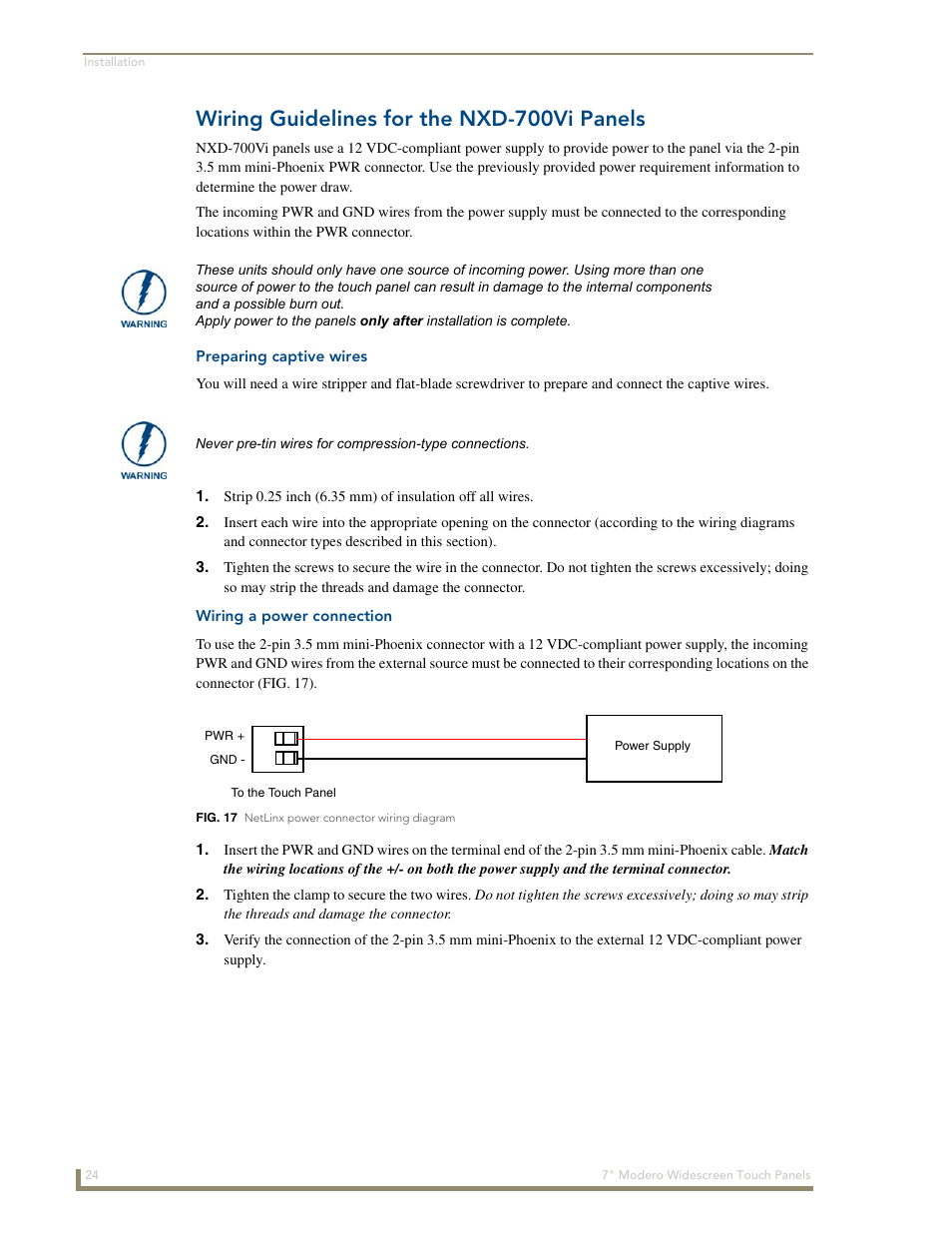 Wiring guidelines for the nxd-700vi panels, Preparing captive wires, Wiring a power connection | AMX Modero NXD-700Vi User Manual | Page 46 / 234