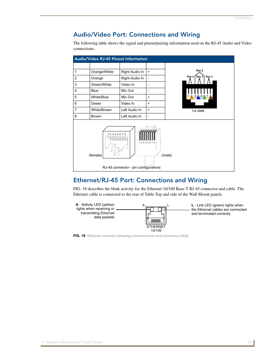 Audio/video port: connections and wiring, Ethernet/rj-45 port: connections and wiring | AMX Modero NXD-700Vi User Manual | Page 47 / 234