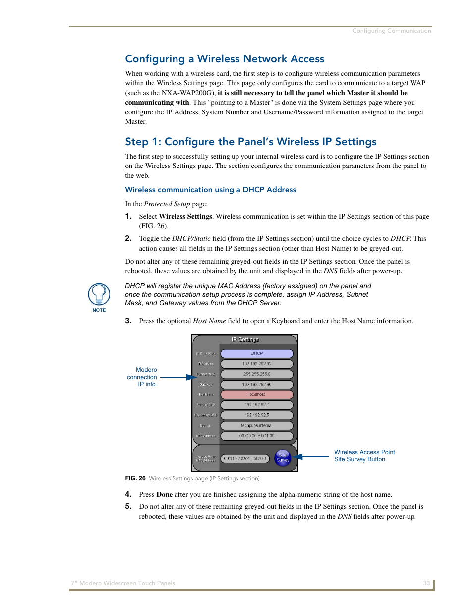 Configuring a wireless network access, Step 1: configure the panel’s wireless ip settings, Wireless communication using a dhcp address | AMX Modero NXD-700Vi User Manual | Page 55 / 234