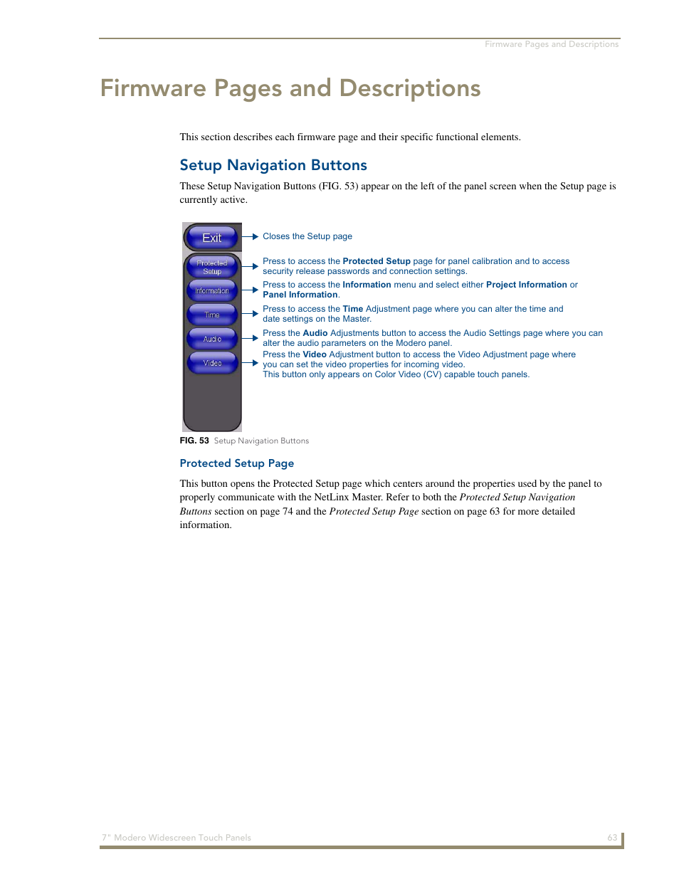 Setup navigation buttons, Firmware pages and descriptions | AMX Modero NXD-700Vi User Manual | Page 85 / 234