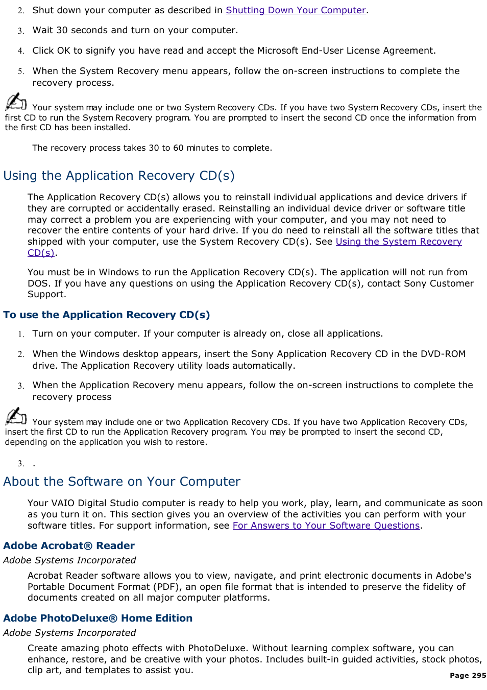 Using the application recovery cd(s), About the software on your computer | Sony PCV-R539DS User Manual | Page 295 / 586