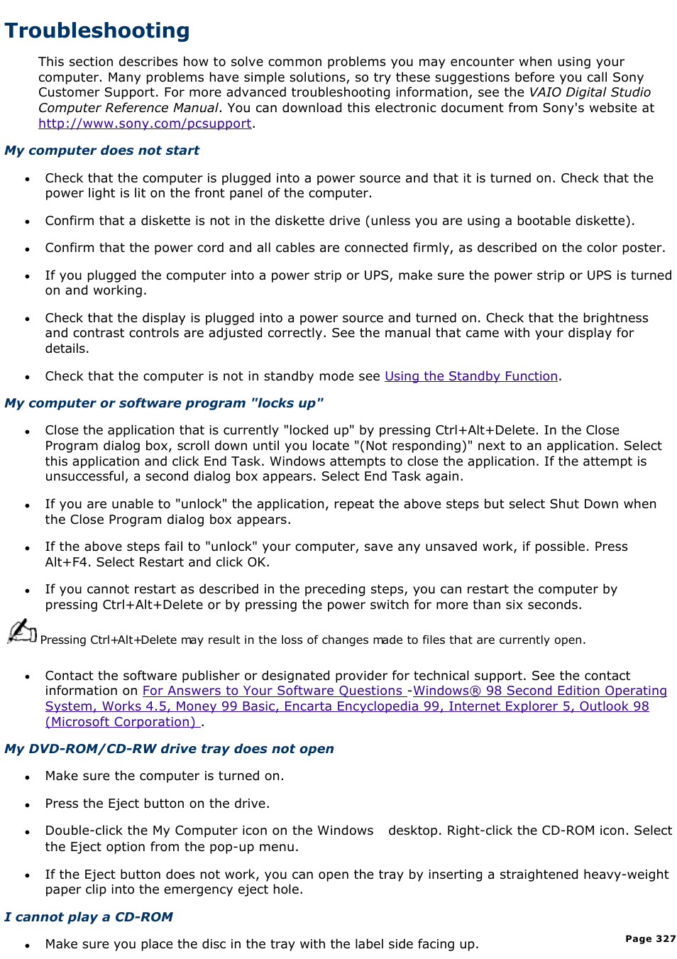 About your recovery cds, Troubleshooting | Sony PCV-R539DS User Manual | Page 327 / 586