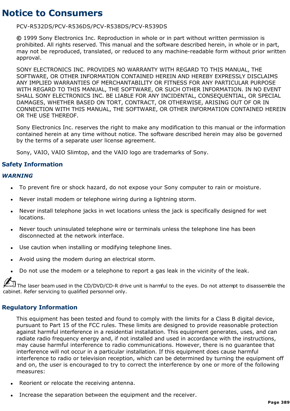 Fcc part 68, Notice to consumers | Sony PCV-R539DS User Manual | Page 389 / 586