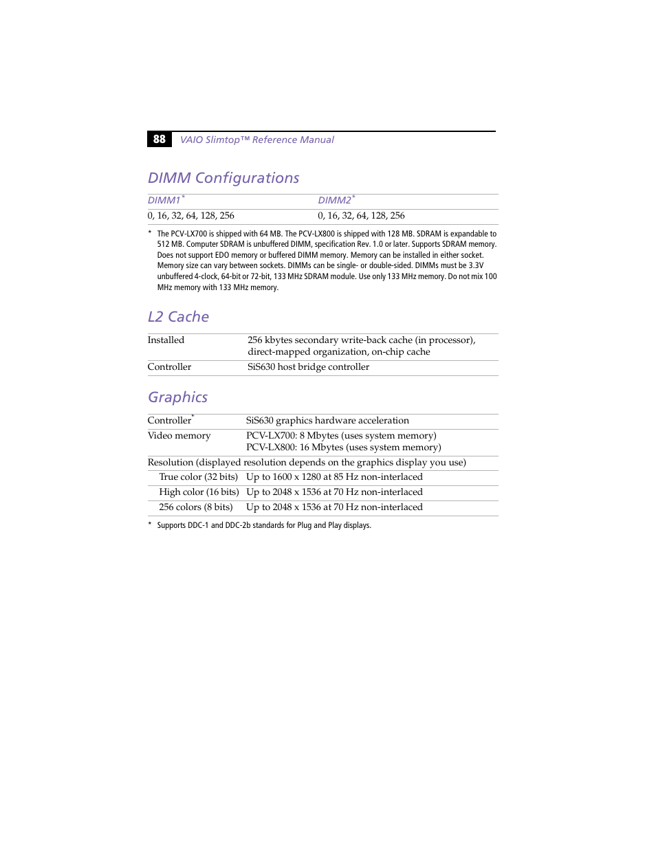 Dimm configurations, L2 cache, Graphics | Dimm configurations l2 cache graphics | Sony PCV-LX800 User Manual | Page 102 / 110