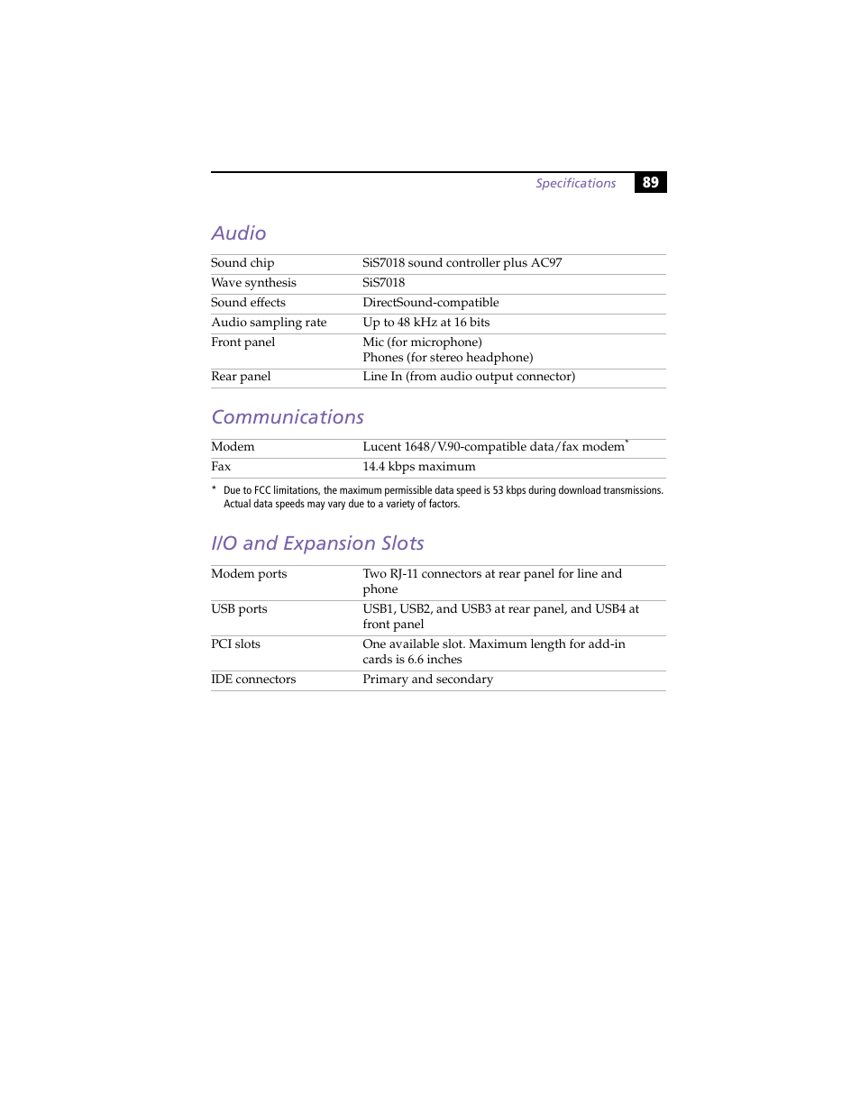 Audio, Communications, I/o and expansion slots | Audio communications i/o and expansion slots | Sony PCV-LX800 User Manual | Page 103 / 110