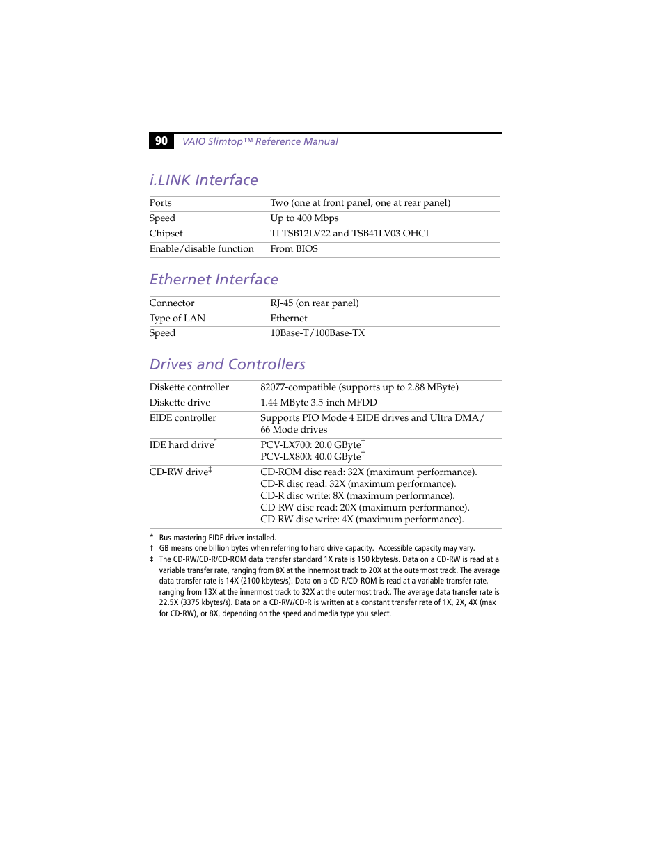 I.link interface, Ethernet interface, Drives and controllers | 90 drives and controllers, I.link interface ethernet interface | Sony PCV-LX800 User Manual | Page 104 / 110