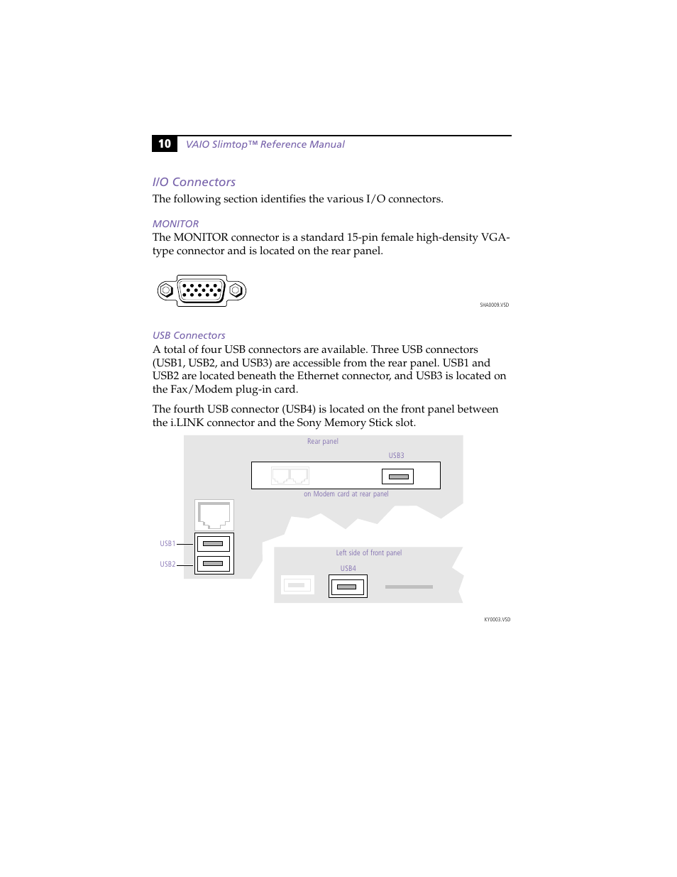 I/o connectors, Monitor, Usb connectors | 10 i/o connectors | Sony PCV-LX800 User Manual | Page 24 / 110