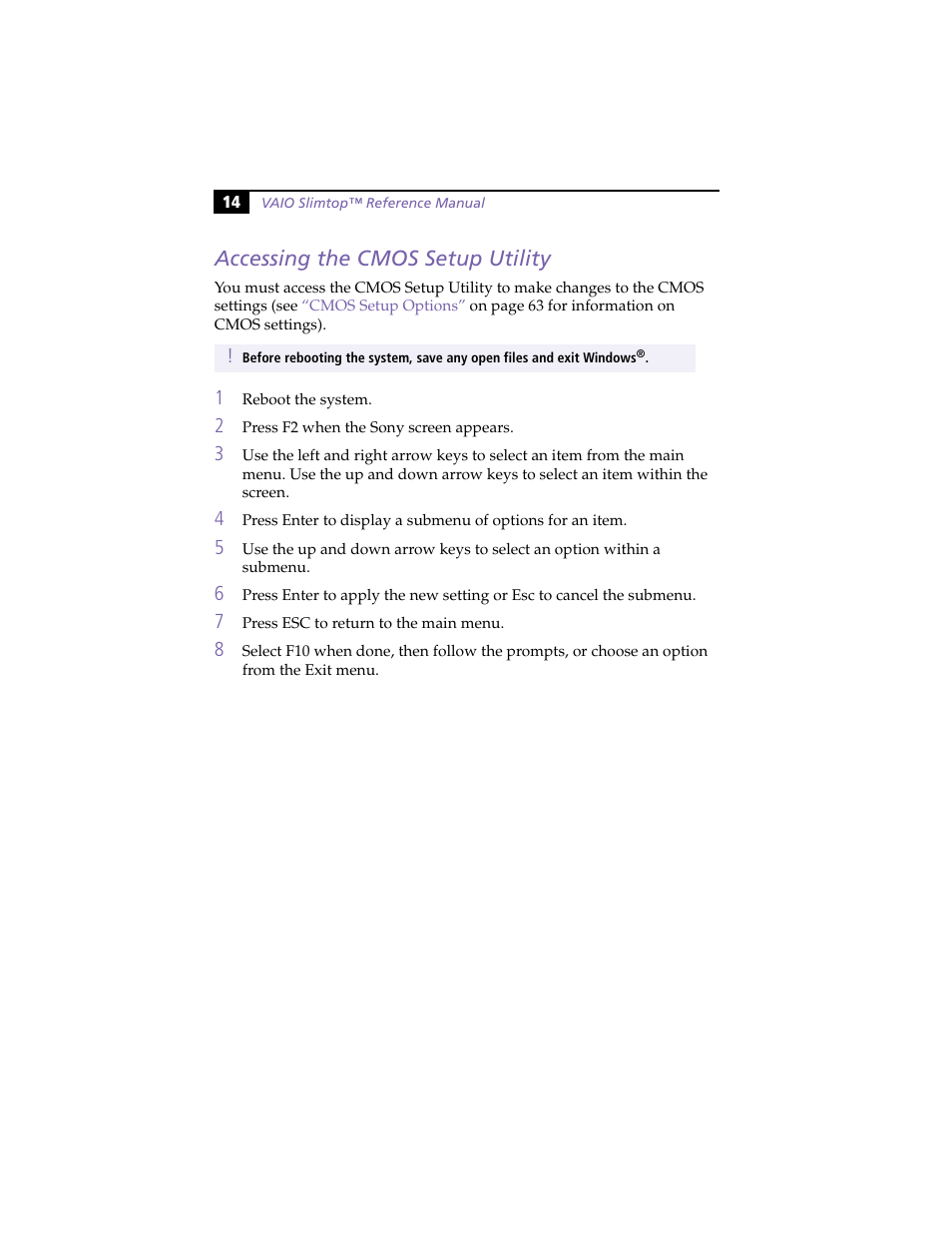 Accessing the cmos setup utility | Sony PCV-LX800 User Manual | Page 28 / 110