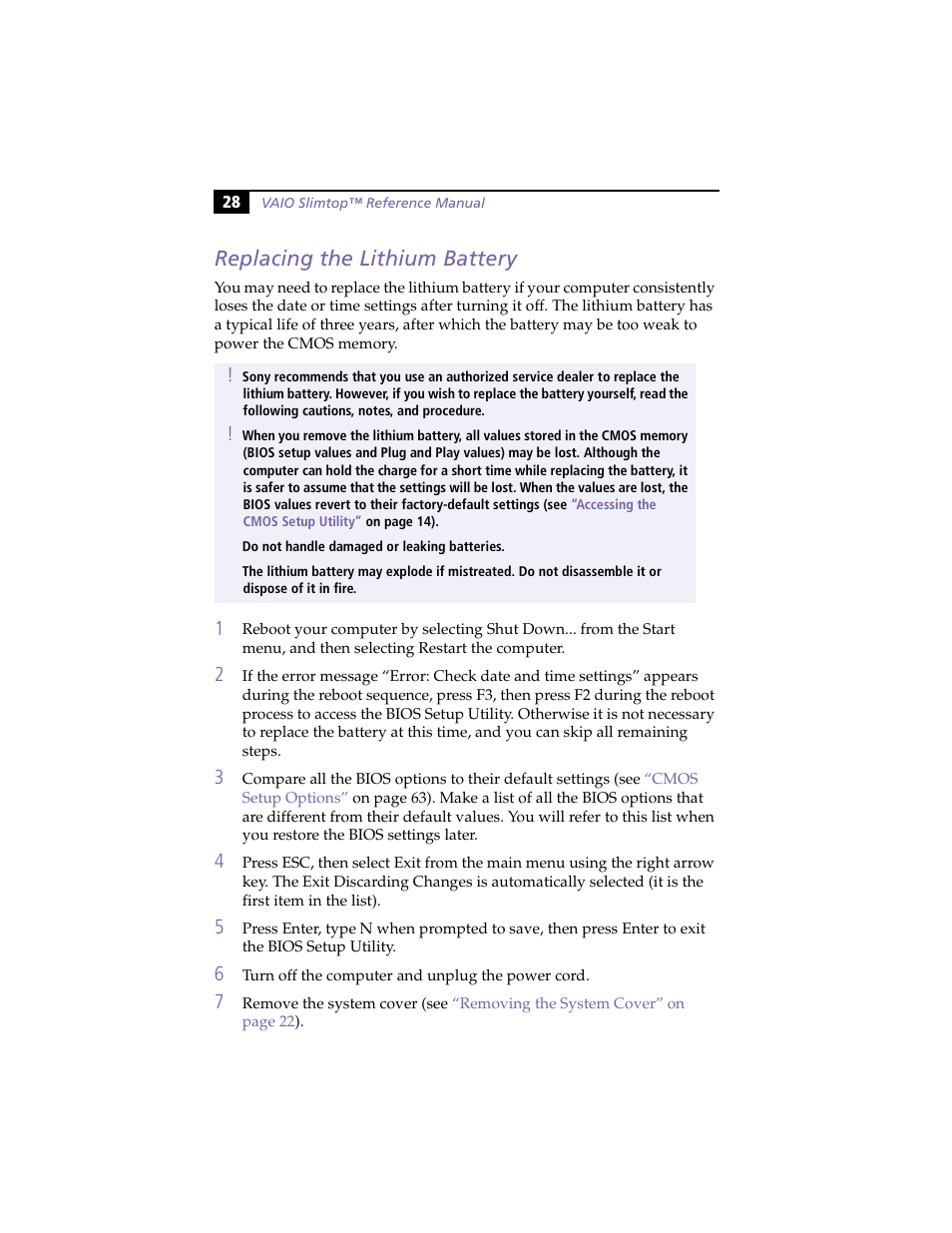 Replacing the lithium battery | Sony PCV-LX800 User Manual | Page 42 / 110