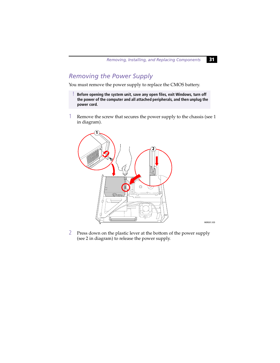 Removing the power supply | Sony PCV-LX800 User Manual | Page 45 / 110