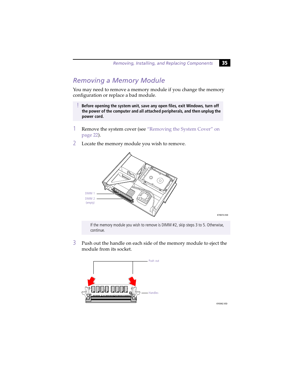 Removing a memory module | Sony PCV-LX800 User Manual | Page 49 / 110