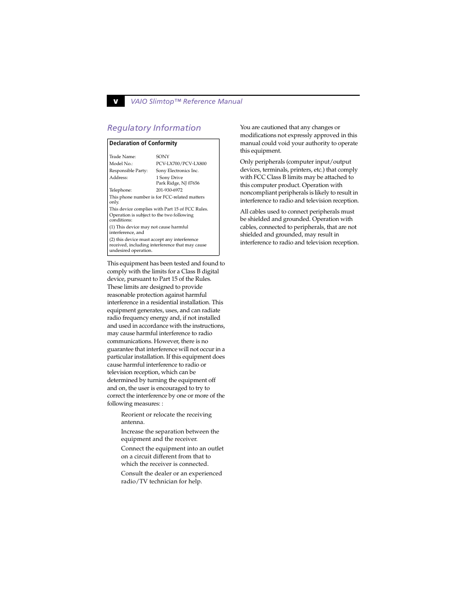 Regulatory information, Vregulatory information | Sony PCV-LX800 User Manual | Page 5 / 110