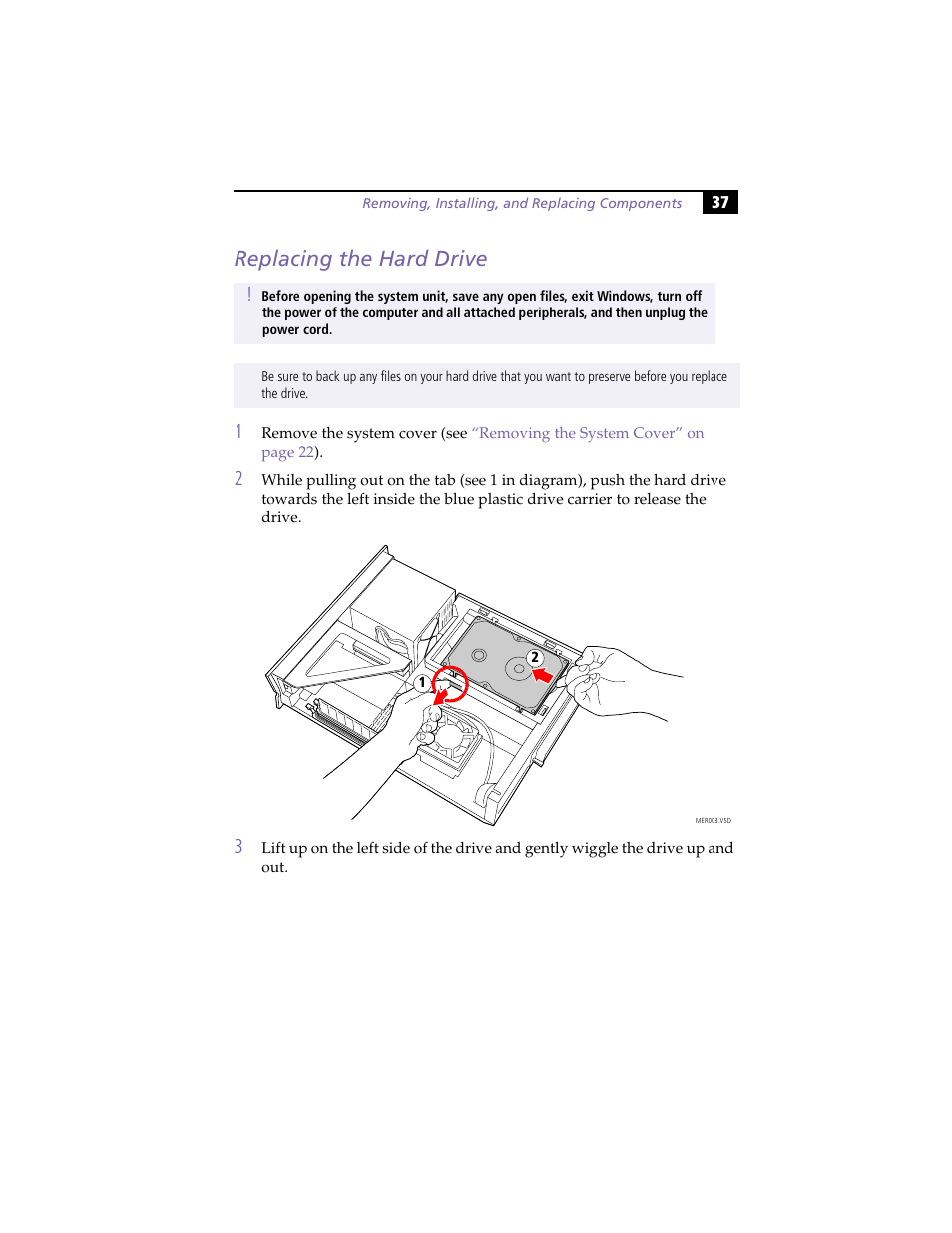 Replacing the hard drive | Sony PCV-LX800 User Manual | Page 51 / 110