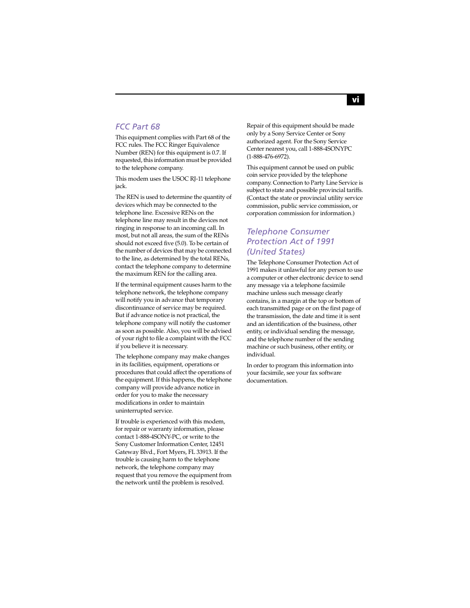 Fcc part 68, Vi fcc part 68 | Sony PCV-LX800 User Manual | Page 6 / 110