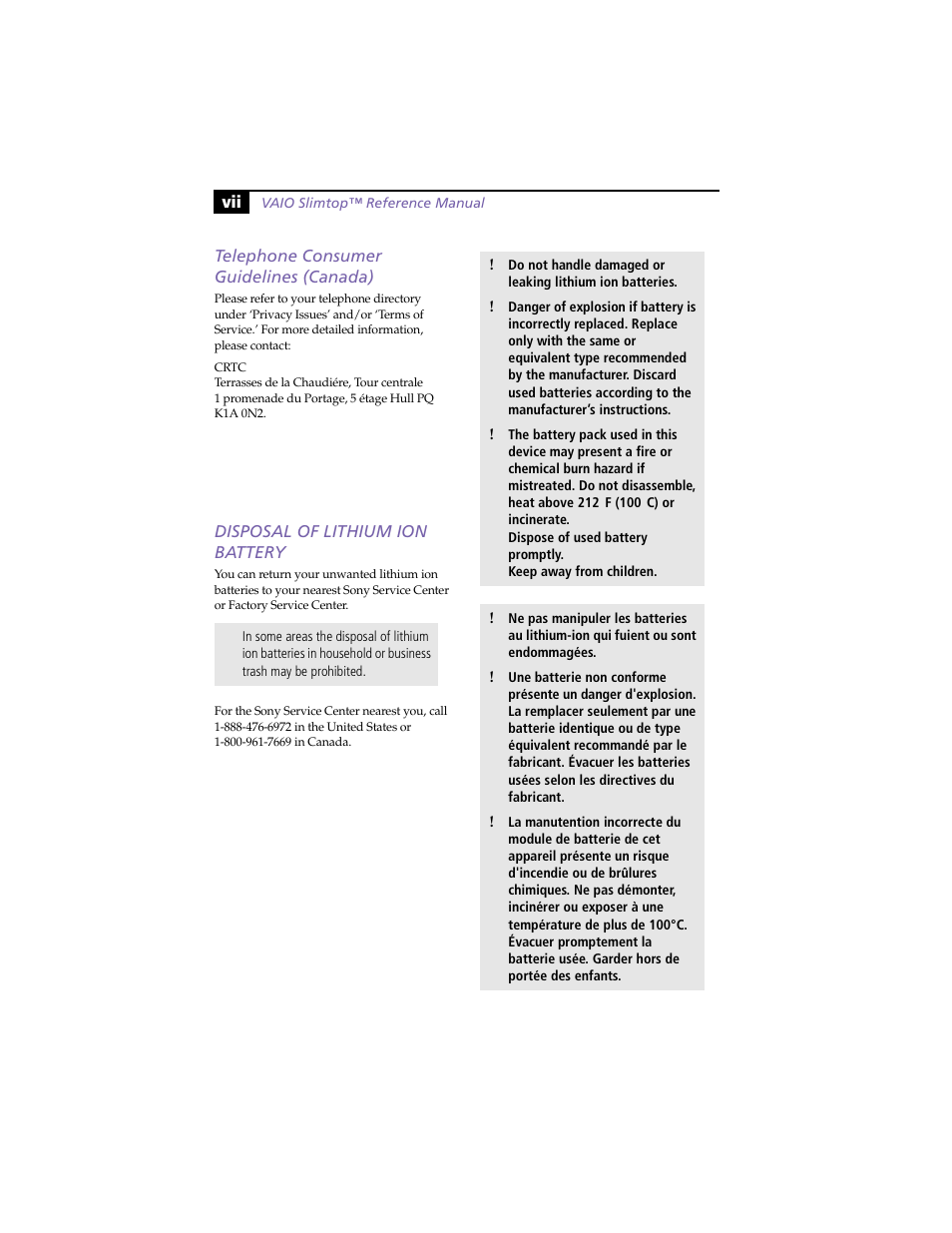 Telephone consumer guidelines (canada), Disposal of lithium ion battery | Sony PCV-LX800 User Manual | Page 7 / 110