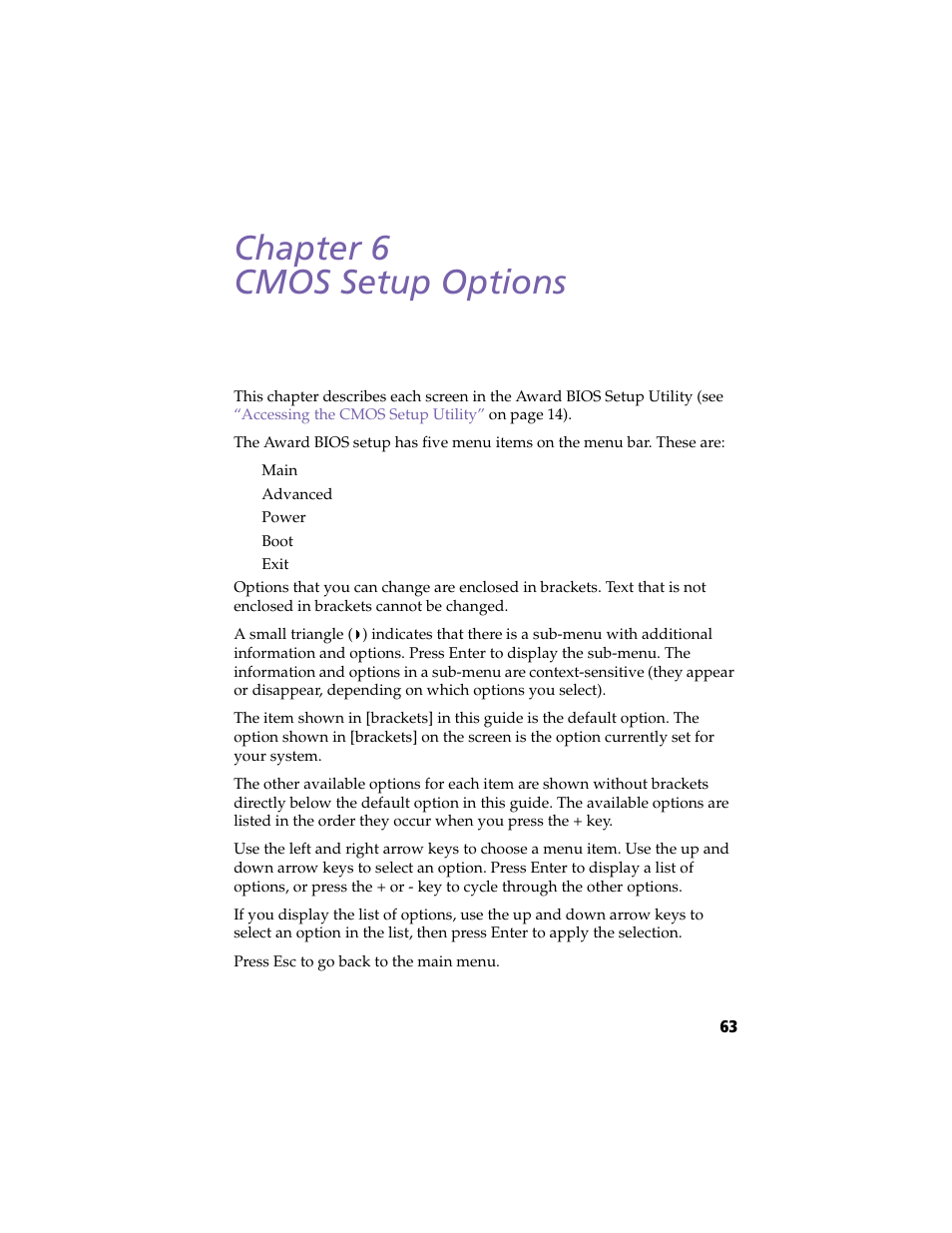Cmos setup options, Chapter 6 — cmos setup options, S (see | Cmos, Setup options, Chapter 6 cmos setup options | Sony PCV-LX800 User Manual | Page 77 / 110