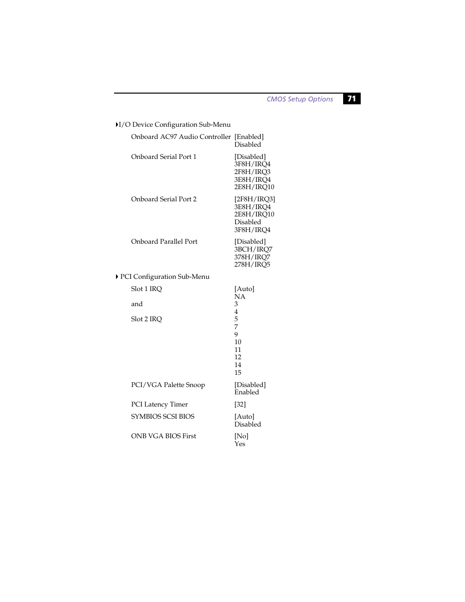 I/o device configuration sub-menu, Pci configuration sub-menu | Sony PCV-LX800 User Manual | Page 85 / 110