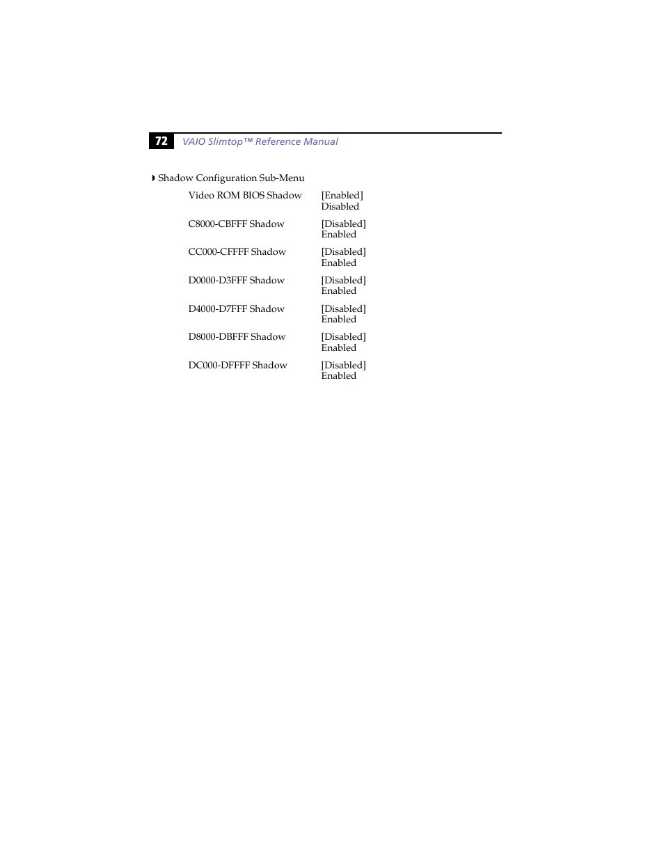 Shadow configuration sub-menu | Sony PCV-LX800 User Manual | Page 86 / 110