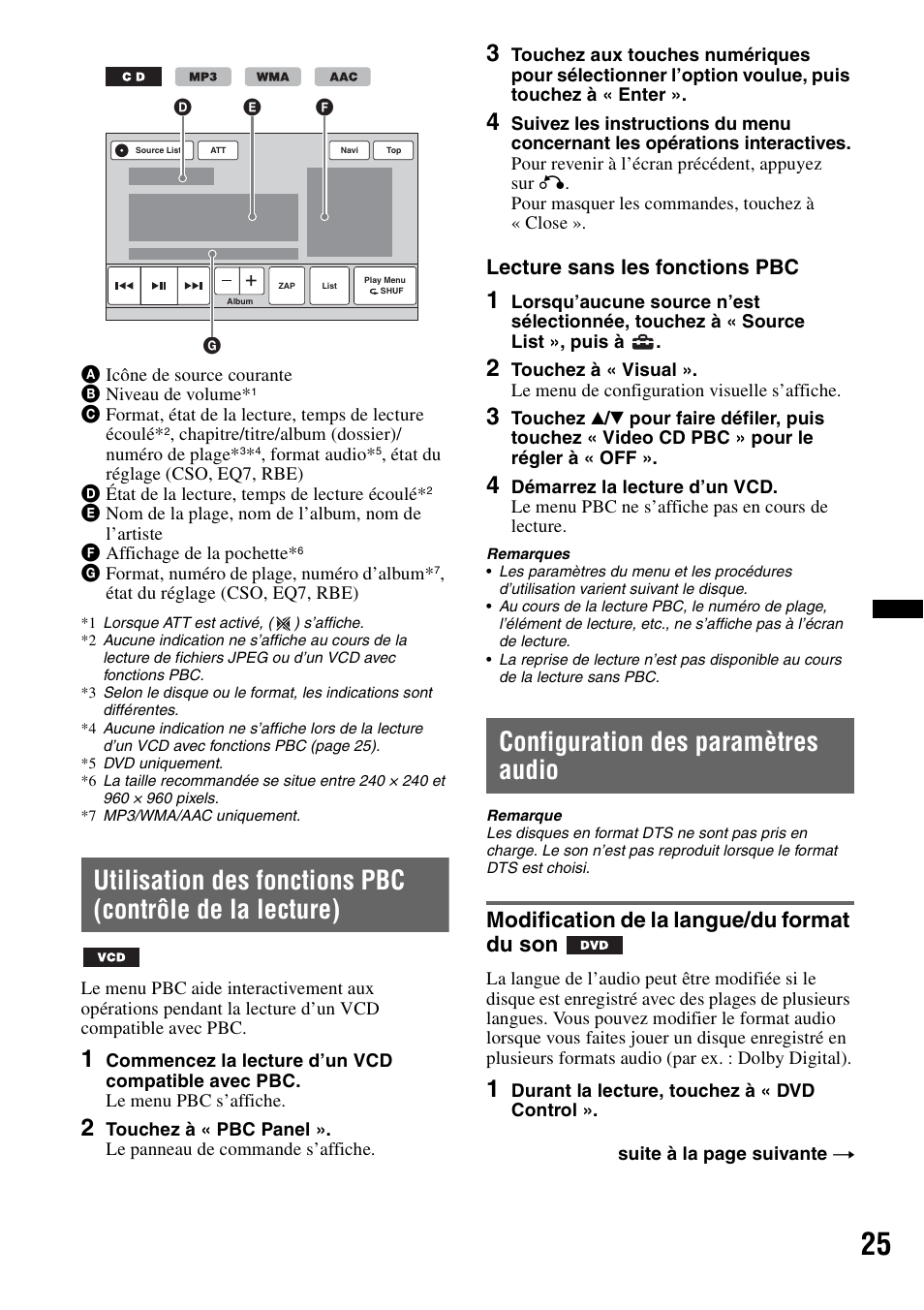 Configuration des paramètres audio, Modification de la langue/du format du son, Lecture sans les fonctions pbc | Sony XNV-770BT User Manual | Page 101 / 240