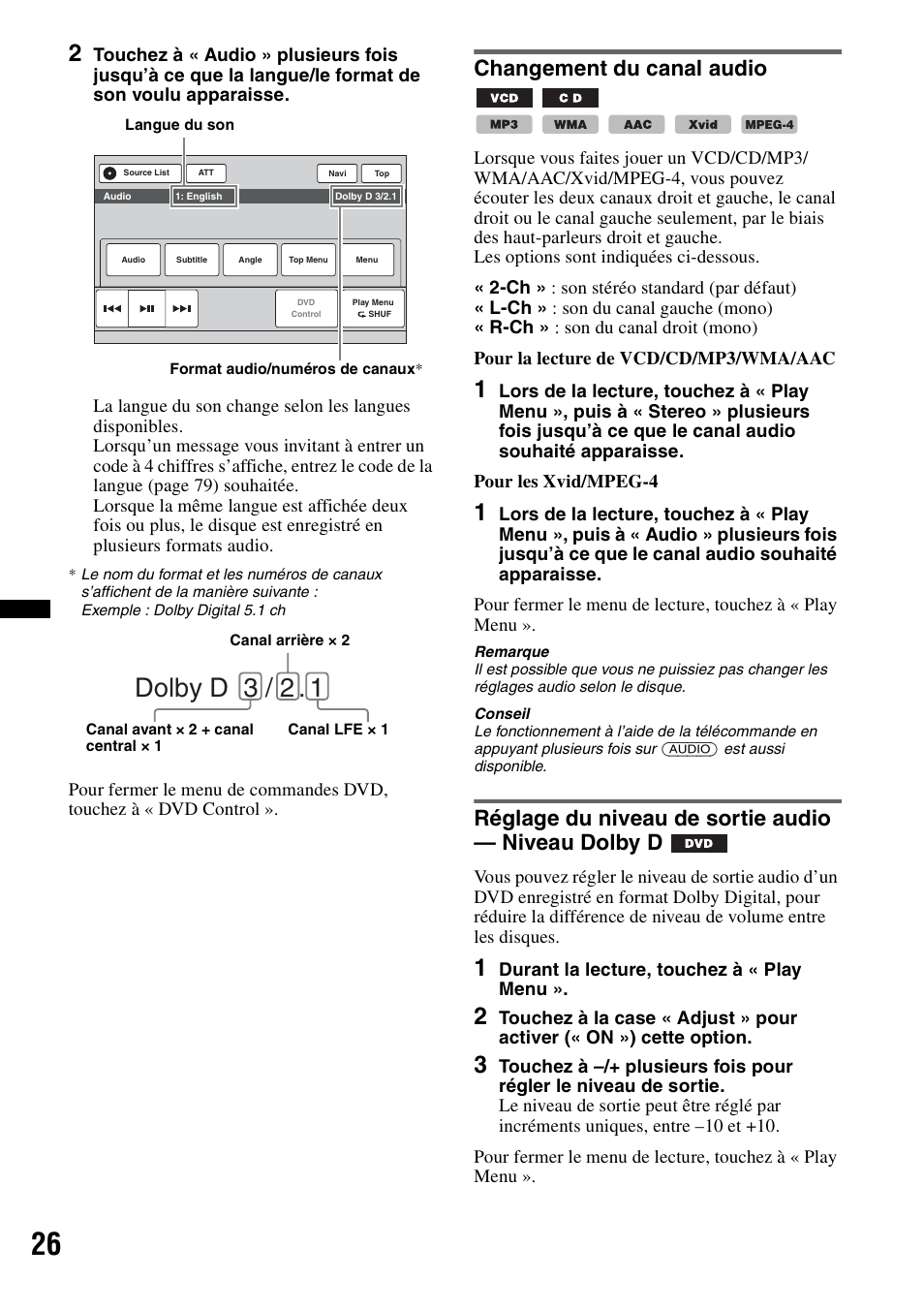 Changement du canal audio, Réglage du niveau de sortie audio — niveau dolby d, Dolby d 3 / 2 | Sony XNV-770BT User Manual | Page 102 / 240