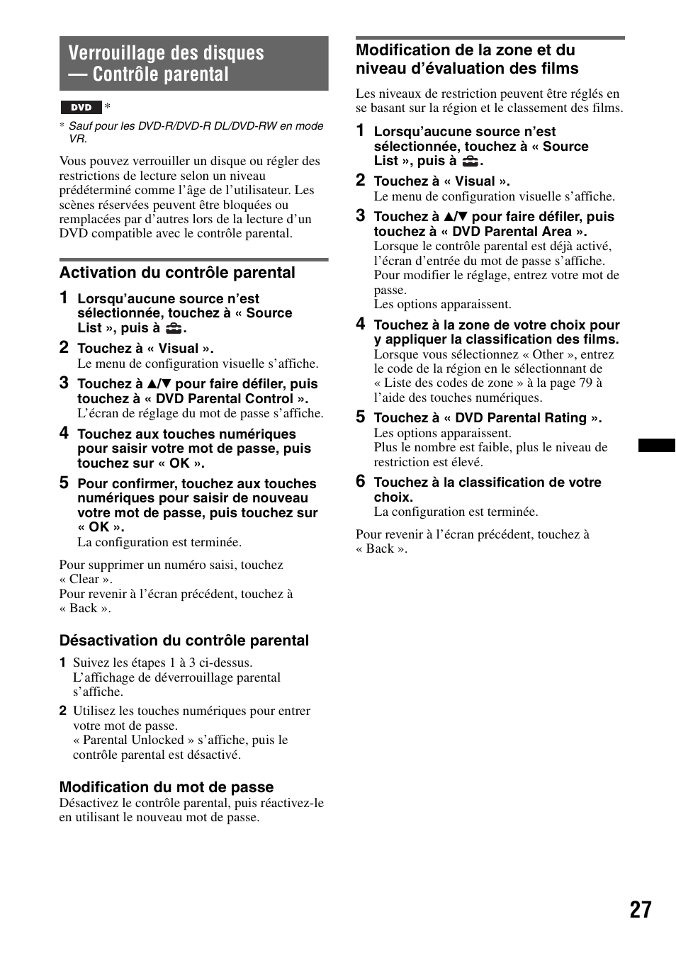 Verrouillage des disques — contrôle parental, Activation du contrôle parental | Sony XNV-770BT User Manual | Page 103 / 240