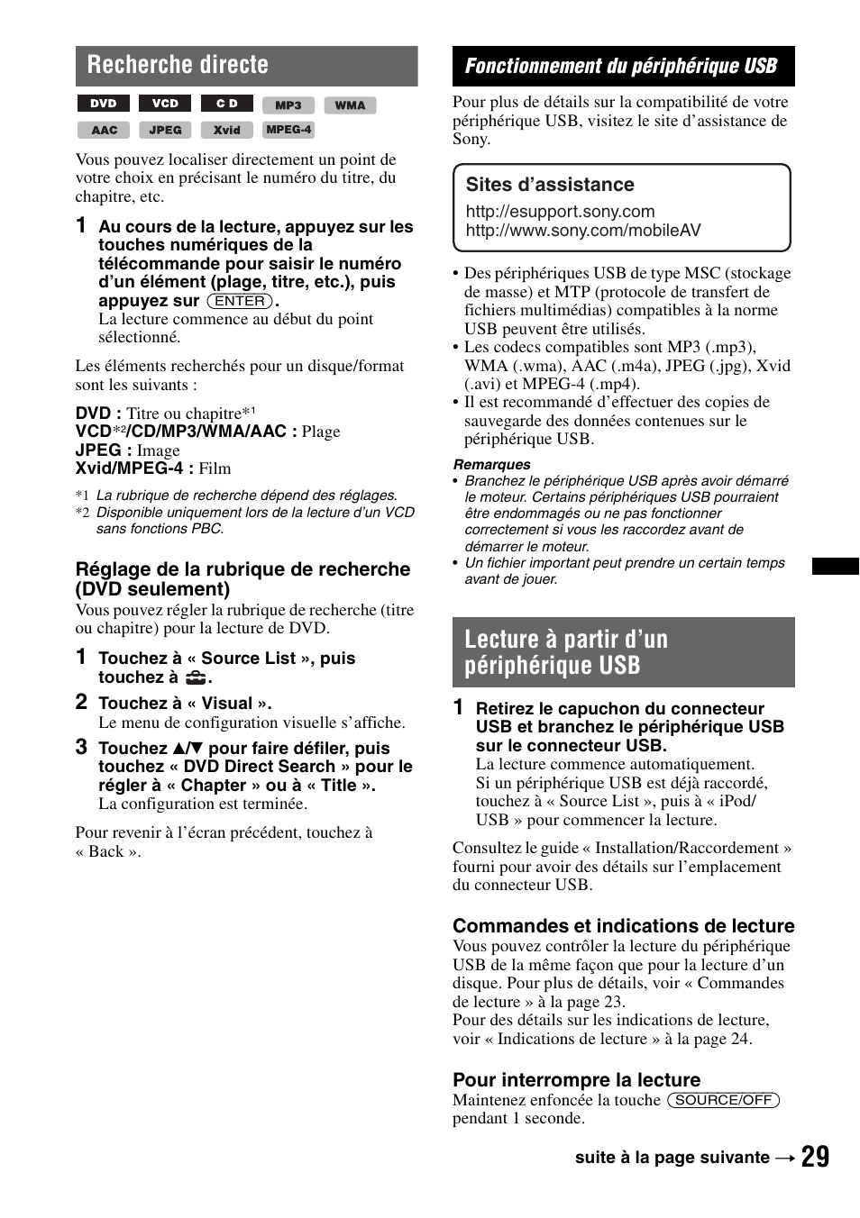 Recherche directe, Fonctionnement du périphérique usb, Lecture à partir d’un périphérique usb | Sony XNV-770BT User Manual | Page 105 / 240