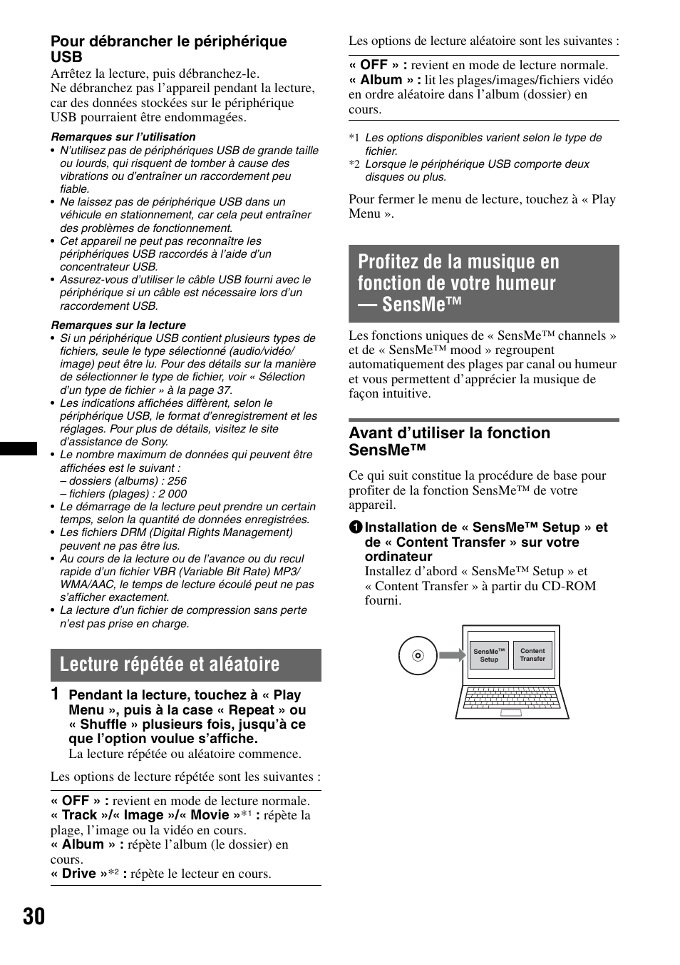 Lecture répétée et aléatoire, Avant d’utiliser la fonction sensme, Pour débrancher le périphérique usb | Sony XNV-770BT User Manual | Page 106 / 240