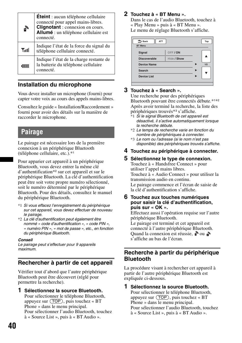 Installation du microphone, Pairage, Rechercher à partir de cet appareil | Recherche à partir du périphérique bluetooth | Sony XNV-770BT User Manual | Page 116 / 240