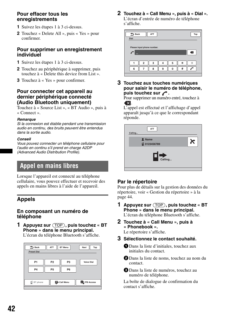 Appel en mains libres, Appels, Pour effacer tous les enregistrements | Pour supprimer un enregistrement individuel, En composant un numéro de téléphone, Par le répertoire | Sony XNV-770BT User Manual | Page 118 / 240