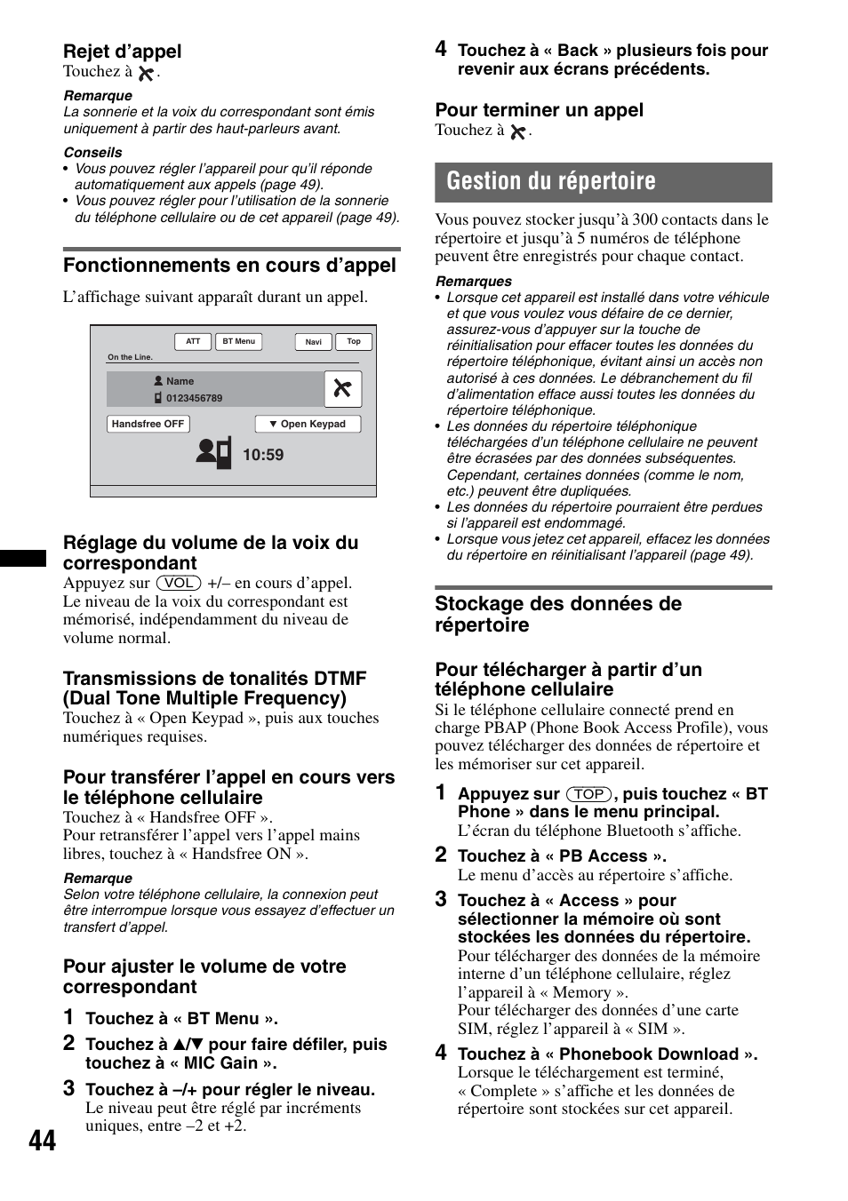 Fonctionnements en cours d’appel, Gestion du répertoire, Stockage des données de répertoire | Sony XNV-770BT User Manual | Page 120 / 240