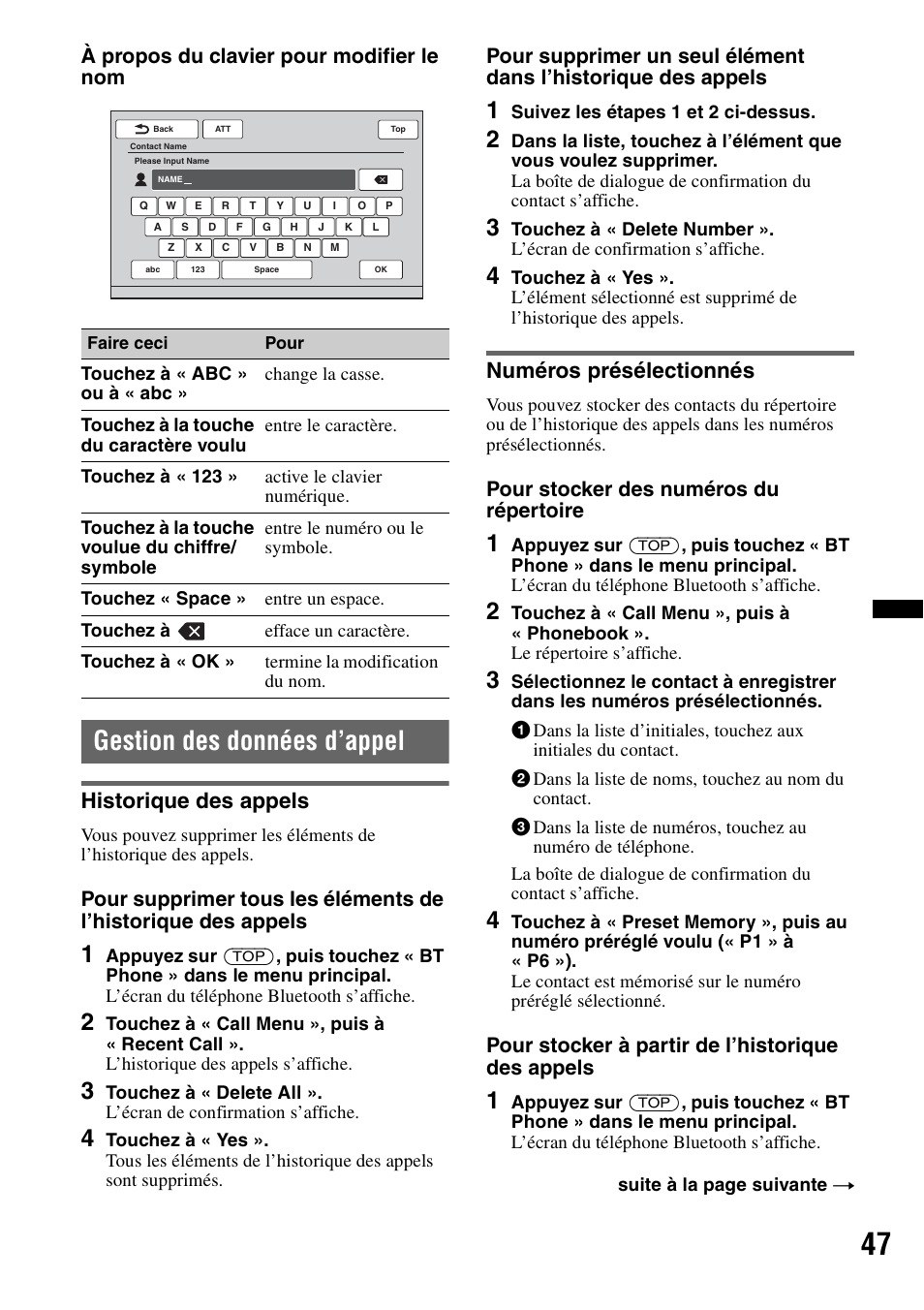 Gestion des données d’appel, Historique des appels, Numéros présélectionnés | Historique des appels numéros présélectionnés, À propos du clavier pour modifier le nom, Pour stocker des numéros du répertoire, Pour stocker à partir de l’historique des appels | Sony XNV-770BT User Manual | Page 123 / 240