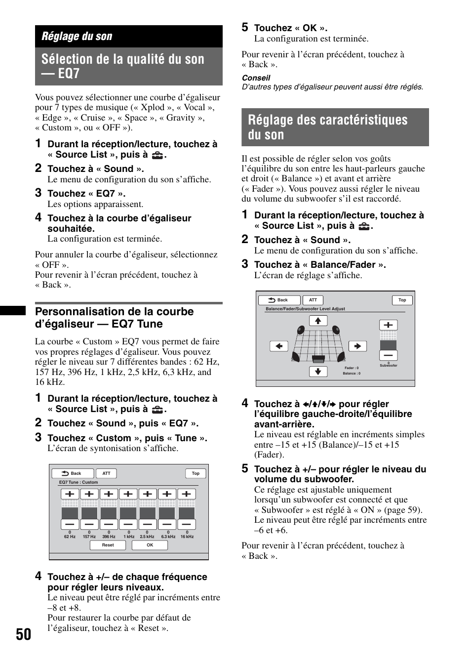 Réglage du son, Sélection de la qualité du son — eq7, Réglage des caractéristiques du son | Sony XNV-770BT User Manual | Page 126 / 240