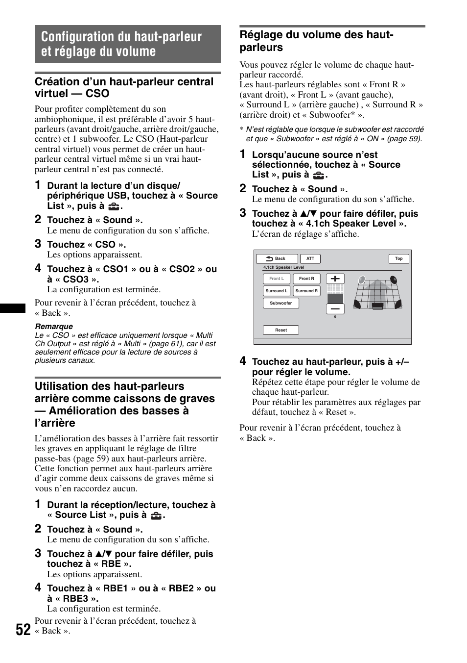 Configuration du haut-parleur et réglage du volume, Création d’un haut-parleur central virtuel — cso, Réglage du volume des haut-parleurs | Réglage du volume des haut- parleurs | Sony XNV-770BT User Manual | Page 128 / 240