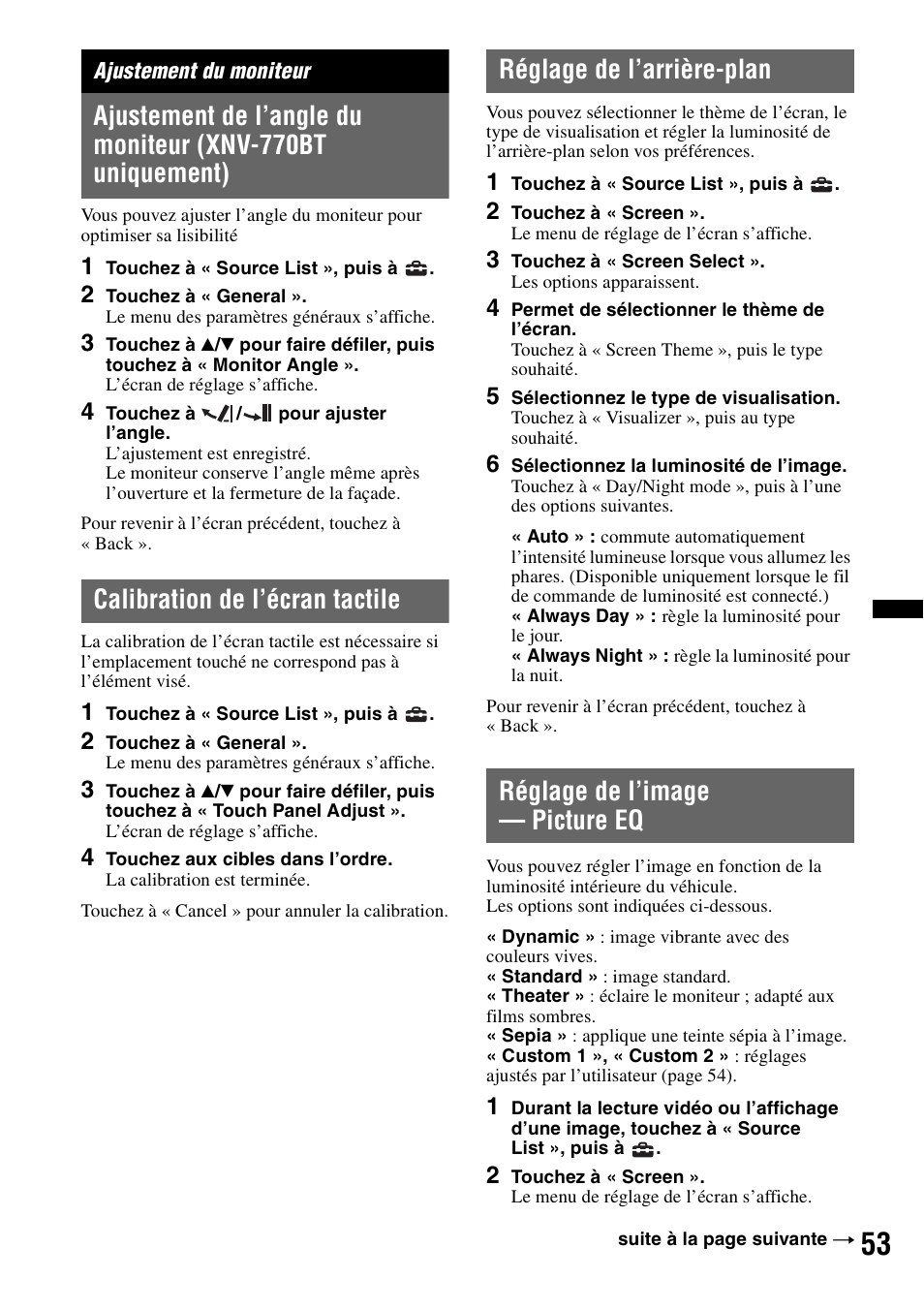 Ajustement du moniteur, Calibration de l’écran tactile, Réglage de l’arrière-plan | Réglage de l’image — picture eq | Sony XNV-770BT User Manual | Page 129 / 240