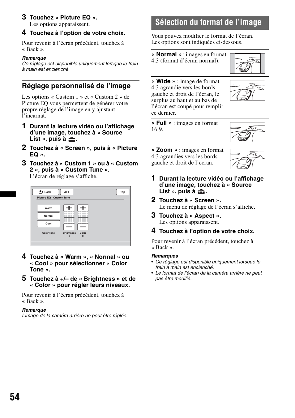 Réglage personnalisé de l’image, Sélection du format de l’image | Sony XNV-770BT User Manual | Page 130 / 240