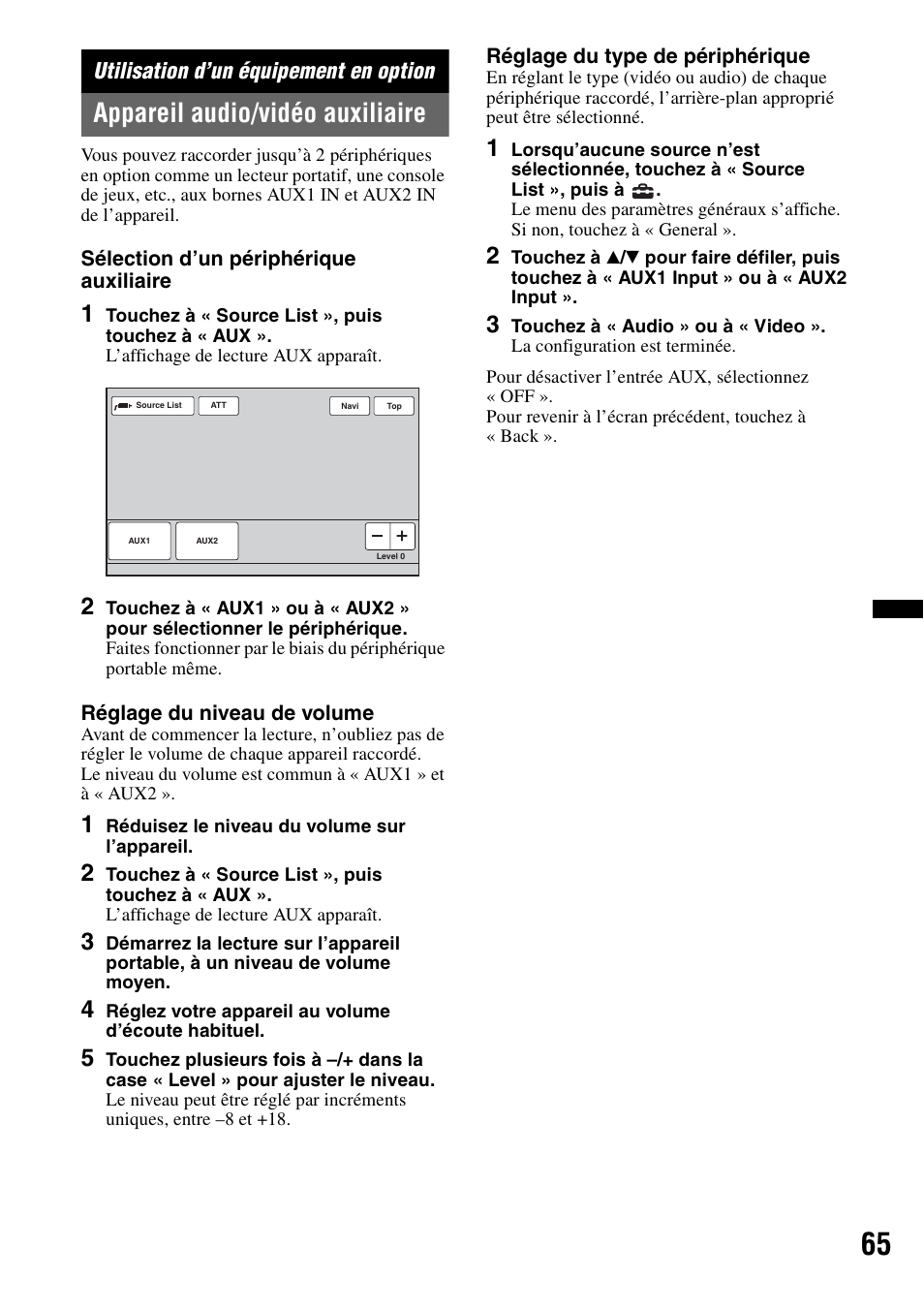 Utilisation d’un équipement en option, Appareil audio/vidéo auxiliaire | Sony XNV-770BT User Manual | Page 141 / 240