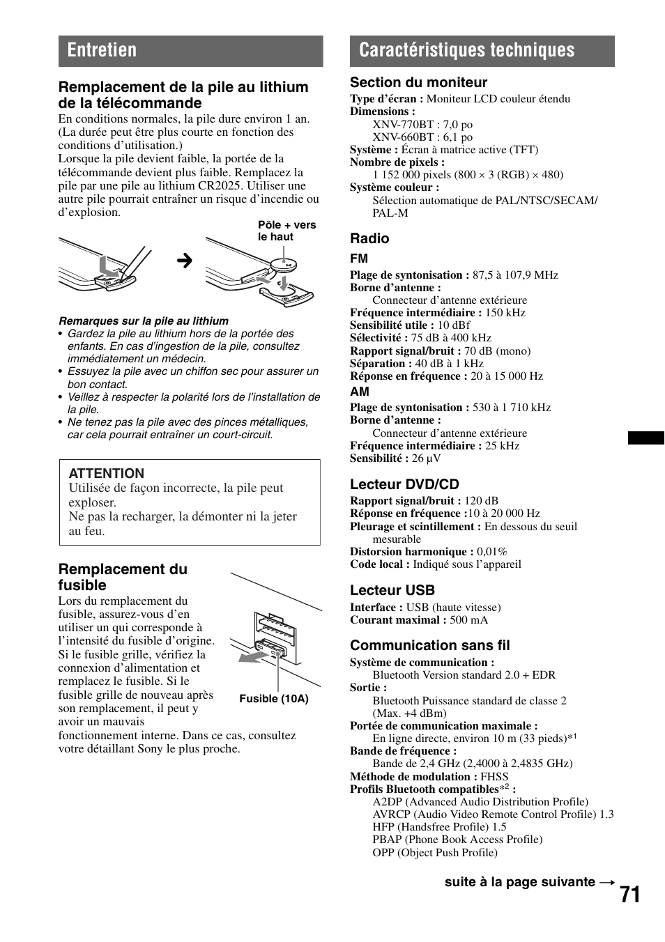 Entretien, Caractéristiques techniques, Remplacement du fusible | Sony XNV-770BT User Manual | Page 147 / 240