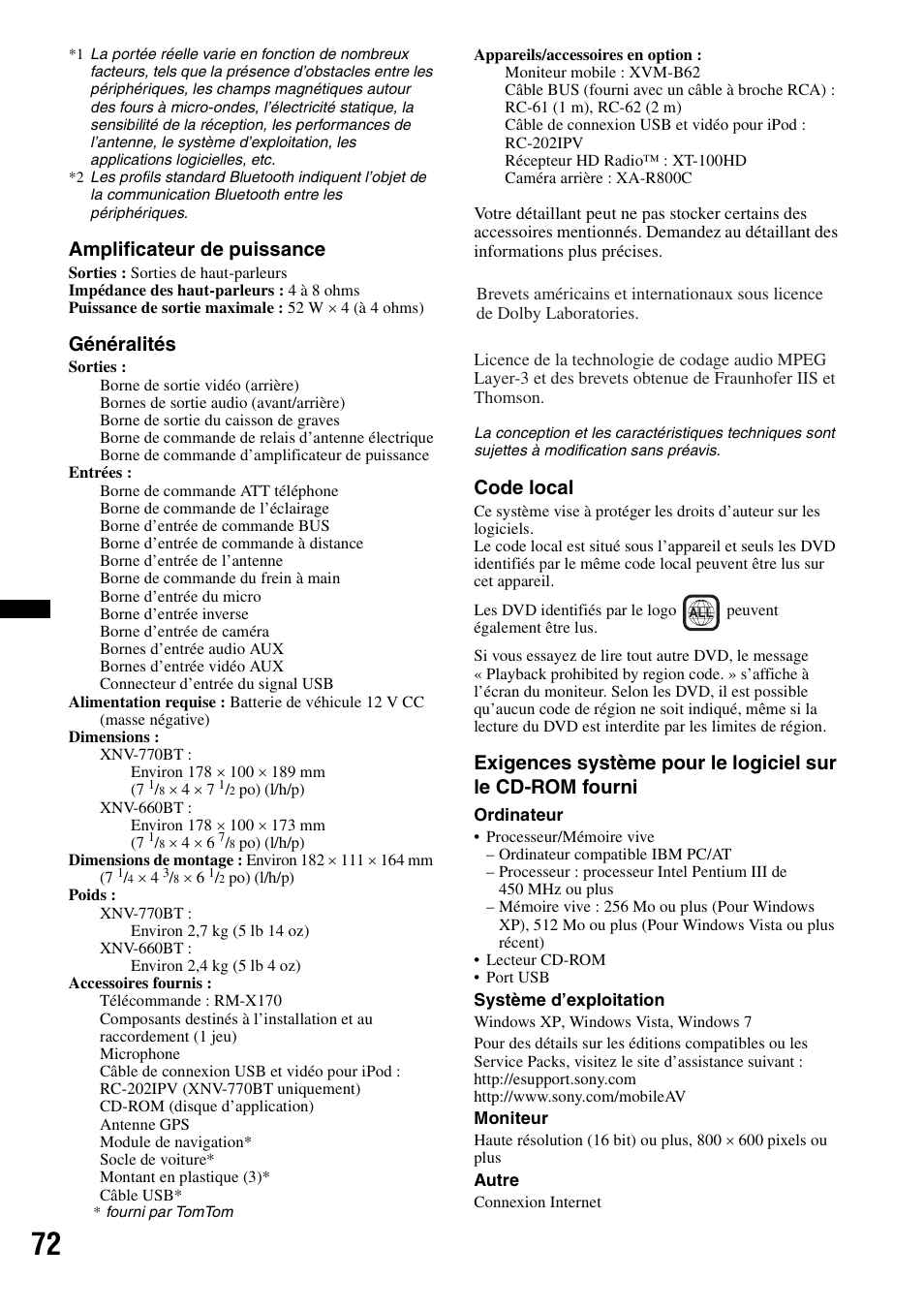 Amplificateur de puissance, Généralités, Code local | Sony XNV-770BT User Manual | Page 148 / 240