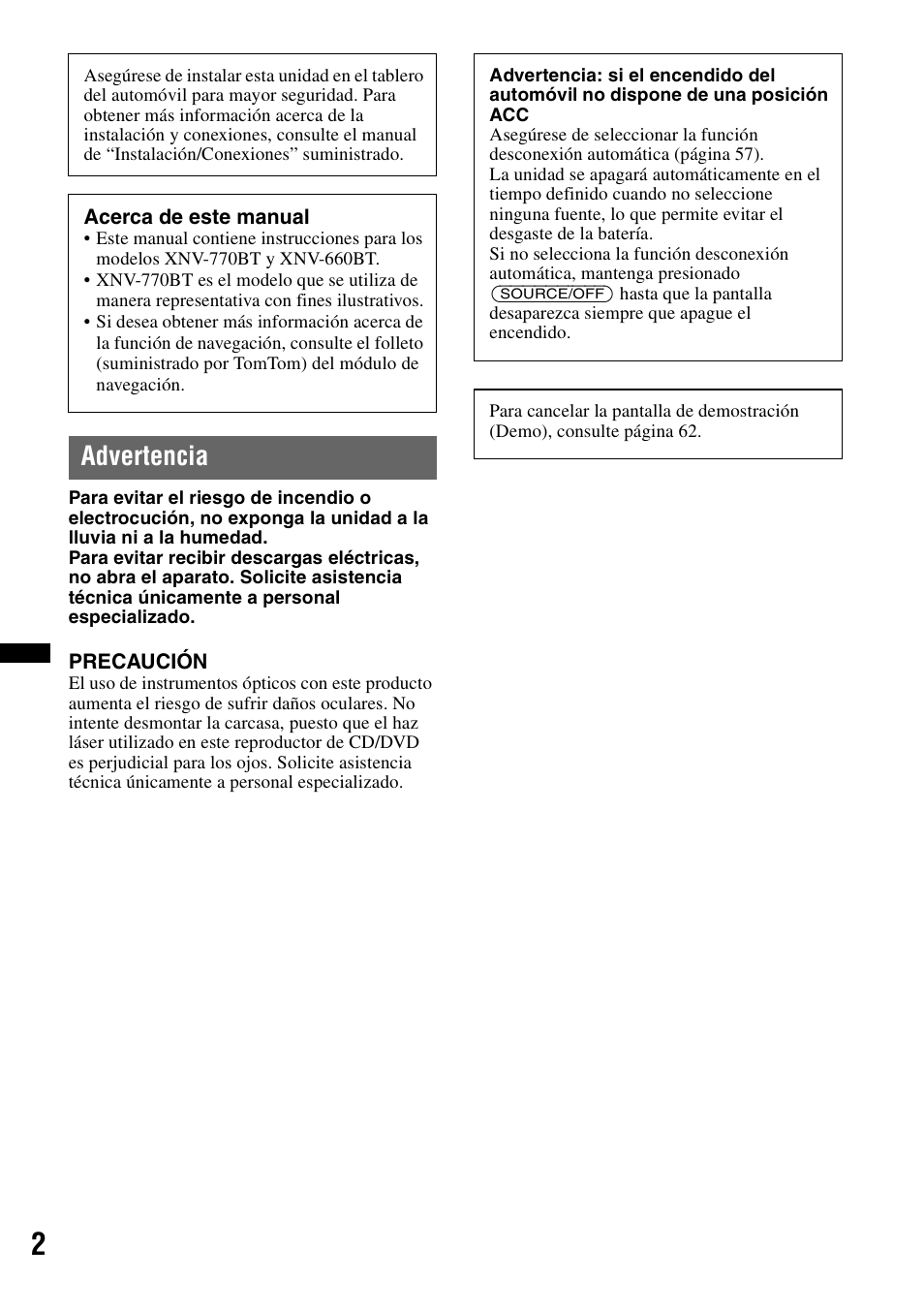 Advertencia | Sony XNV-770BT User Manual | Page 158 / 240