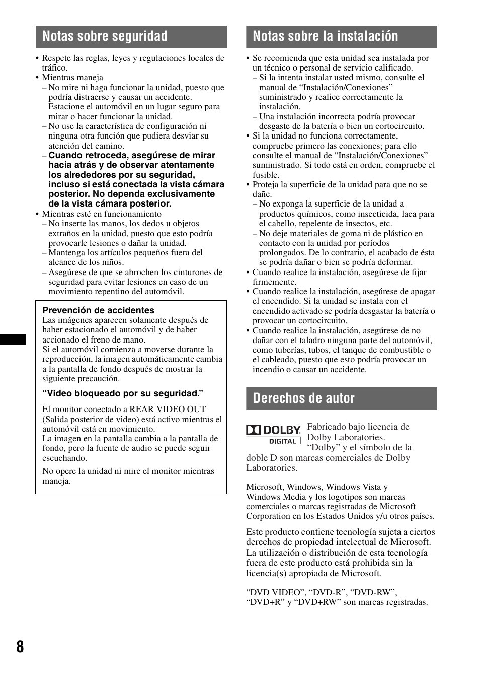 Notas sobre seguridad, Notas sobre la instalación, Derechos de autor | Sony XNV-770BT User Manual | Page 164 / 240