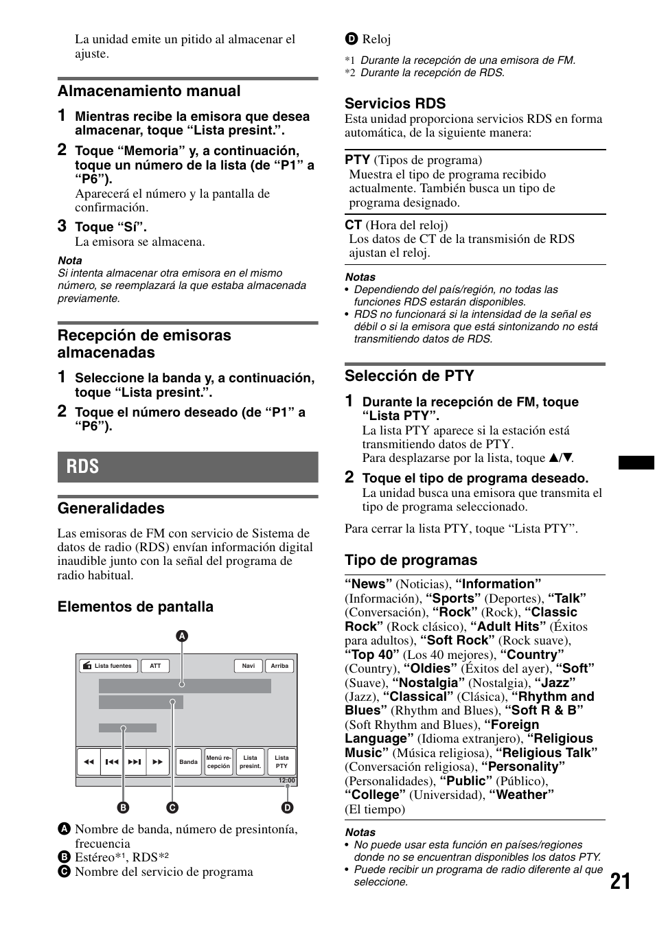 Almacenamiento manual, Recepción de emisoras almacenadas, Generalidades | Selección de pty, Generalidades selección de pty, Elementos de pantalla, Servicios rds, Tipo de programas | Sony XNV-770BT User Manual | Page 177 / 240