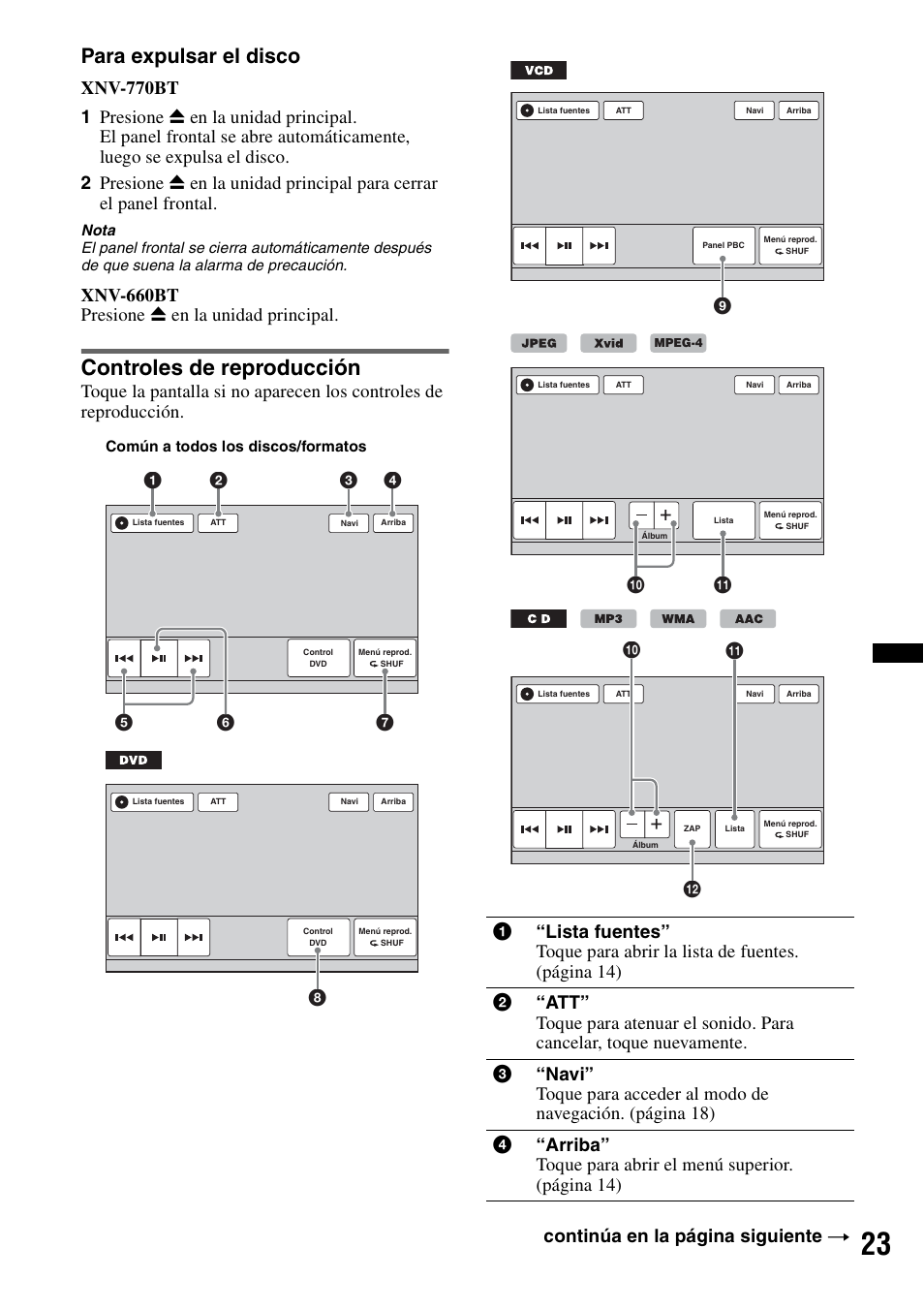 Controles de reproducción, Para expulsar el disco, Xnv-660bt presione z en la unidad principal | Qa 0, Qs qa 0 | Sony XNV-770BT User Manual | Page 179 / 240