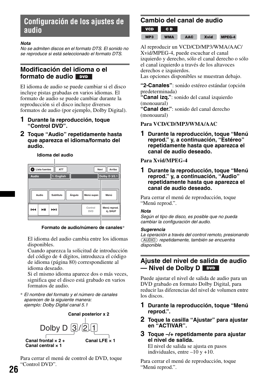 Configuración de los ajustes de audio, Modificación del idioma o el formato de audio, Cambio del canal de audio | Dolby d 3 / 2 | Sony XNV-770BT User Manual | Page 182 / 240