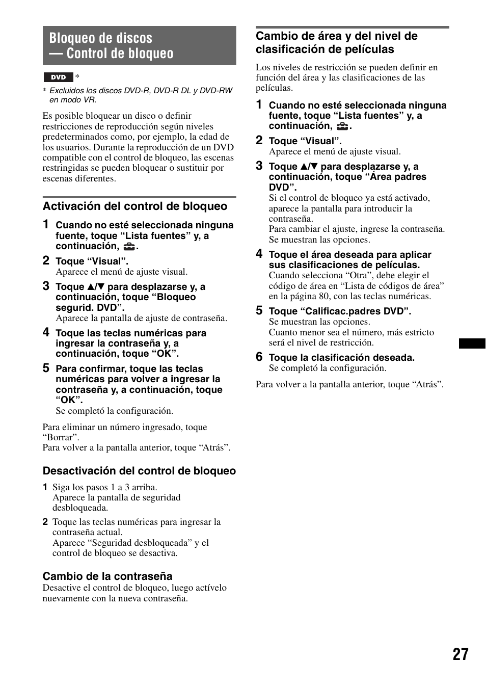 Bloqueo de discos — control de bloqueo, Activación del control de bloqueo | Sony XNV-770BT User Manual | Page 183 / 240