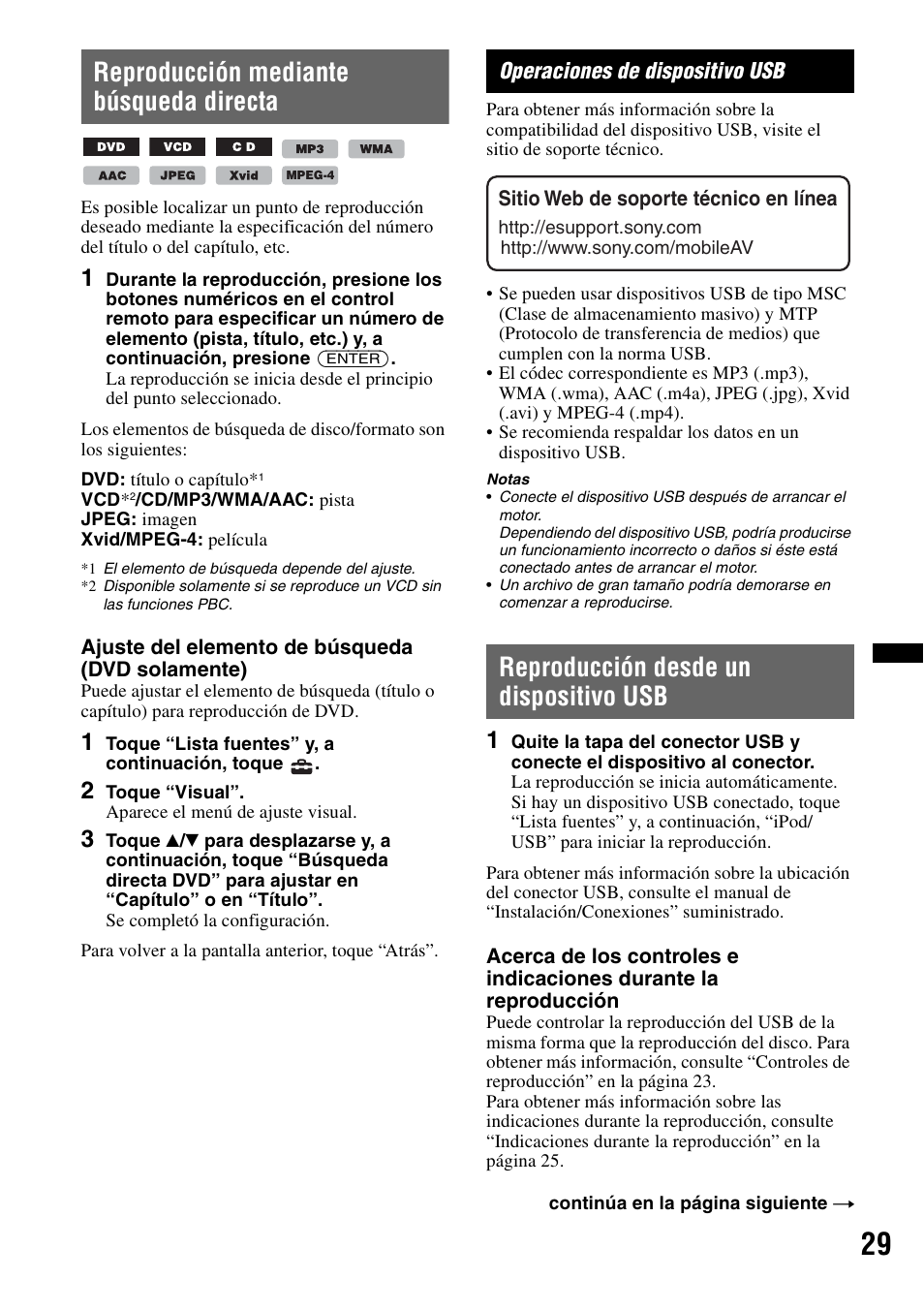 Reproducción mediante búsqueda directa, Operaciones de dispositivo usb, Reproducción desde un dispositivo usb | Sony XNV-770BT User Manual | Page 185 / 240