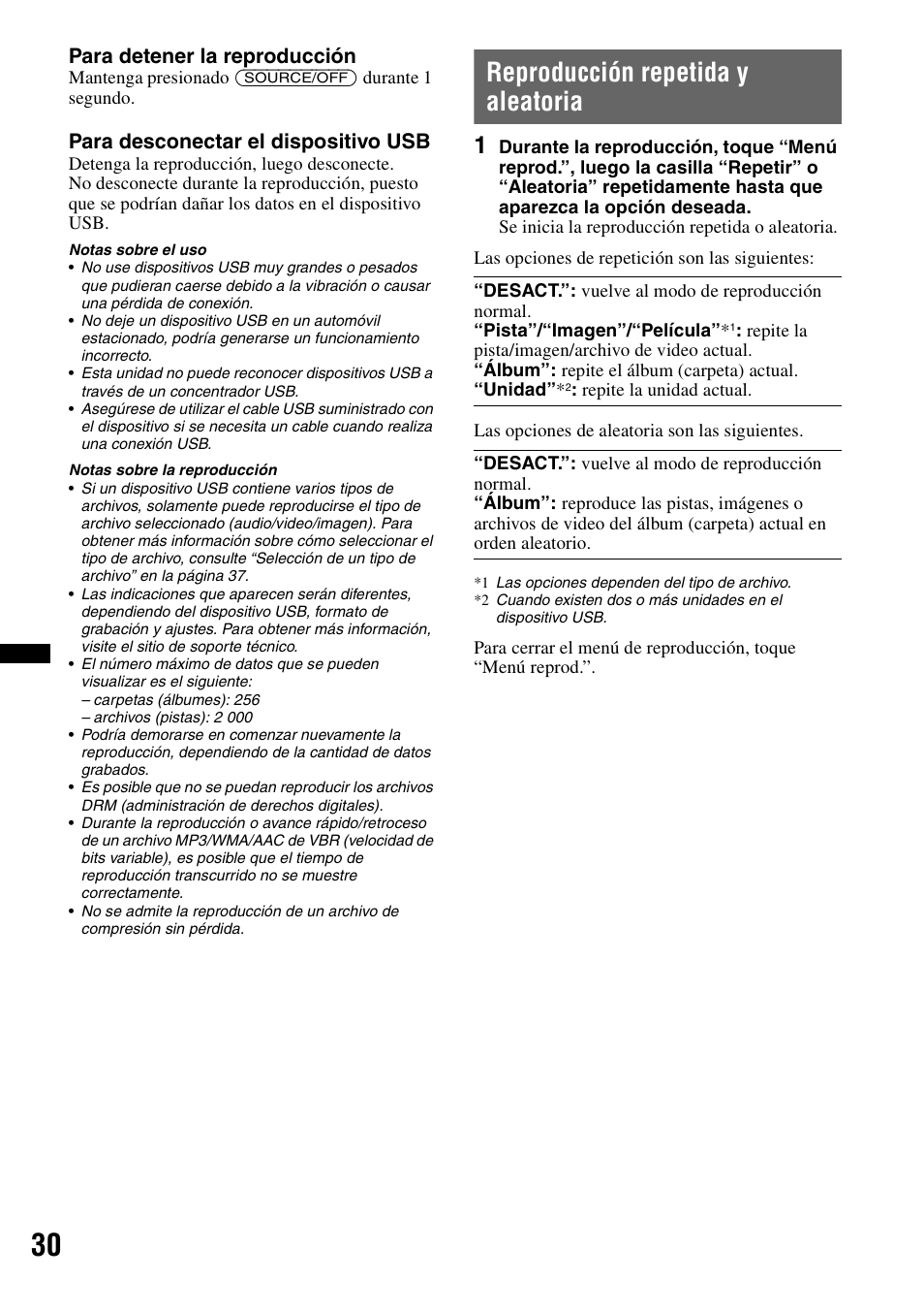 Reproducción repetida y aleatoria, Para detener la reproducción, Para desconectar el dispositivo usb | Sony XNV-770BT User Manual | Page 186 / 240