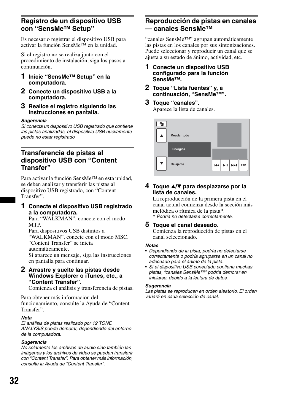 Registro de un dispositivo usb con “sensme™ setup, Reproducción de pistas en canales — canales sensme | Sony XNV-770BT User Manual | Page 188 / 240